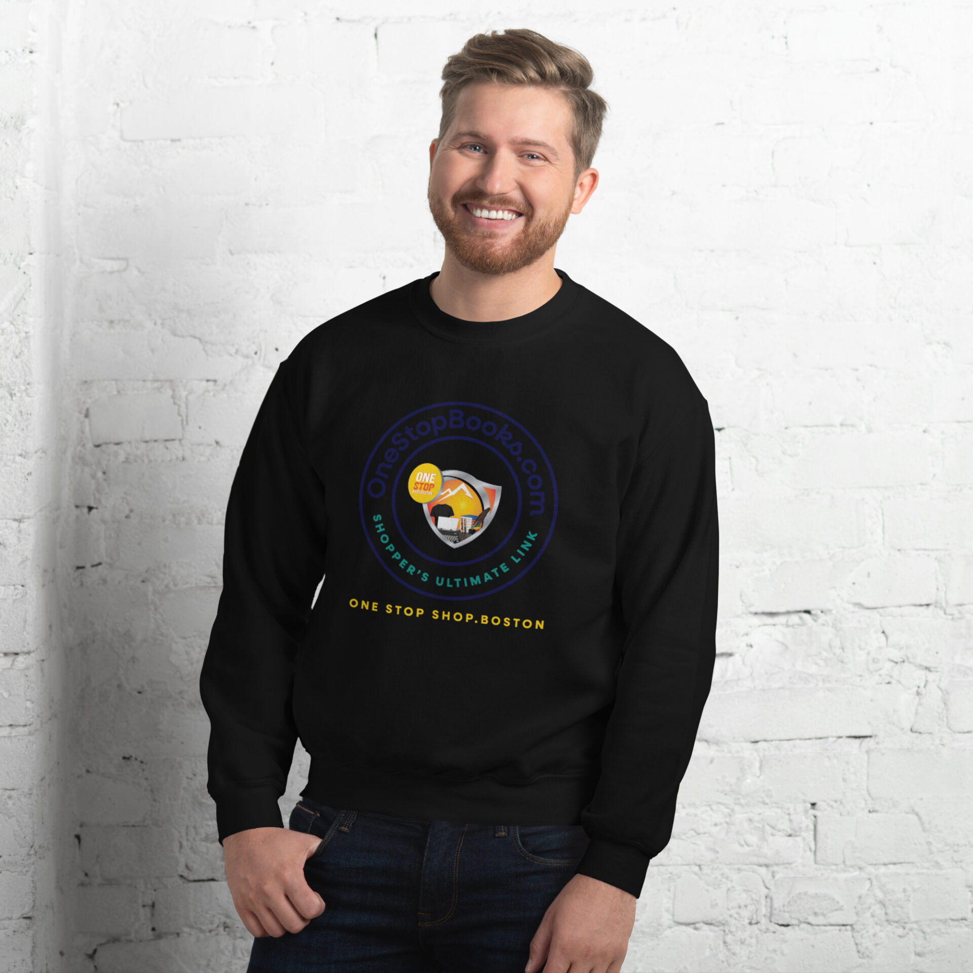 Man wearing a black sweatshirt with a logo.