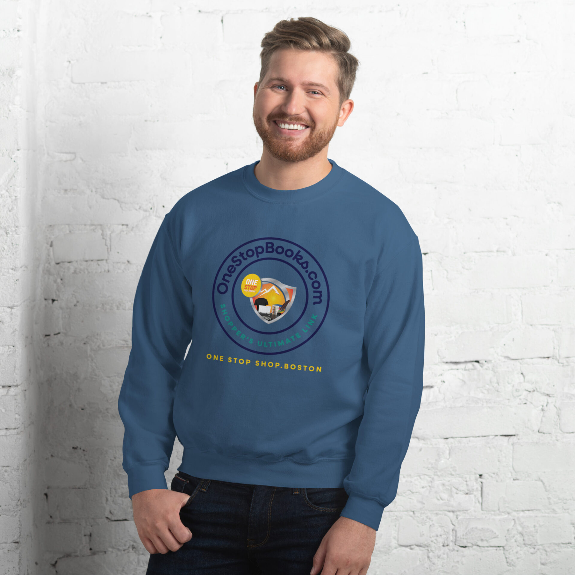 Man wearing a blue sweatshirt with a logo.