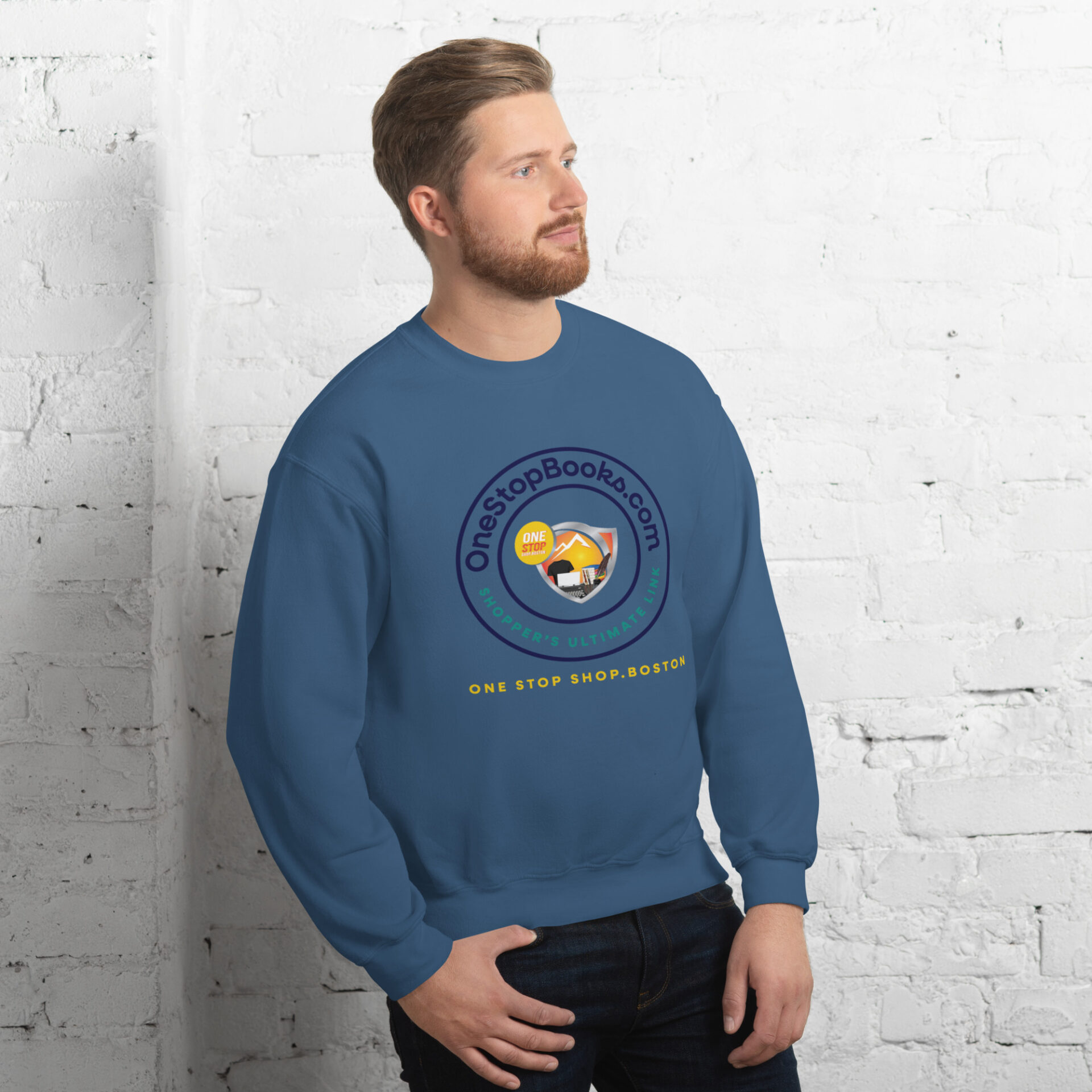 Man wearing a blue One Stop Books sweatshirt.