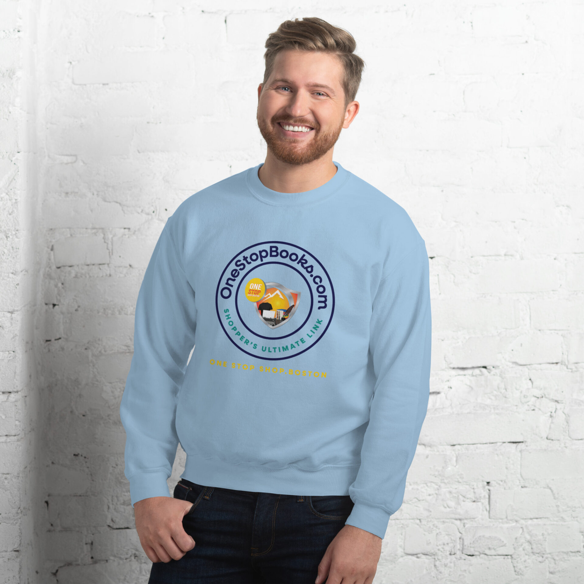 Man wearing blue sweatshirt with logo.