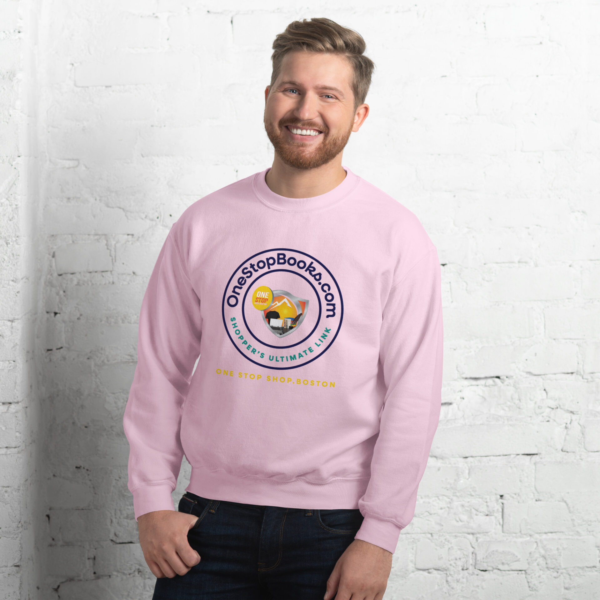 Man wearing a pink OneStopBooks.com sweatshirt.
