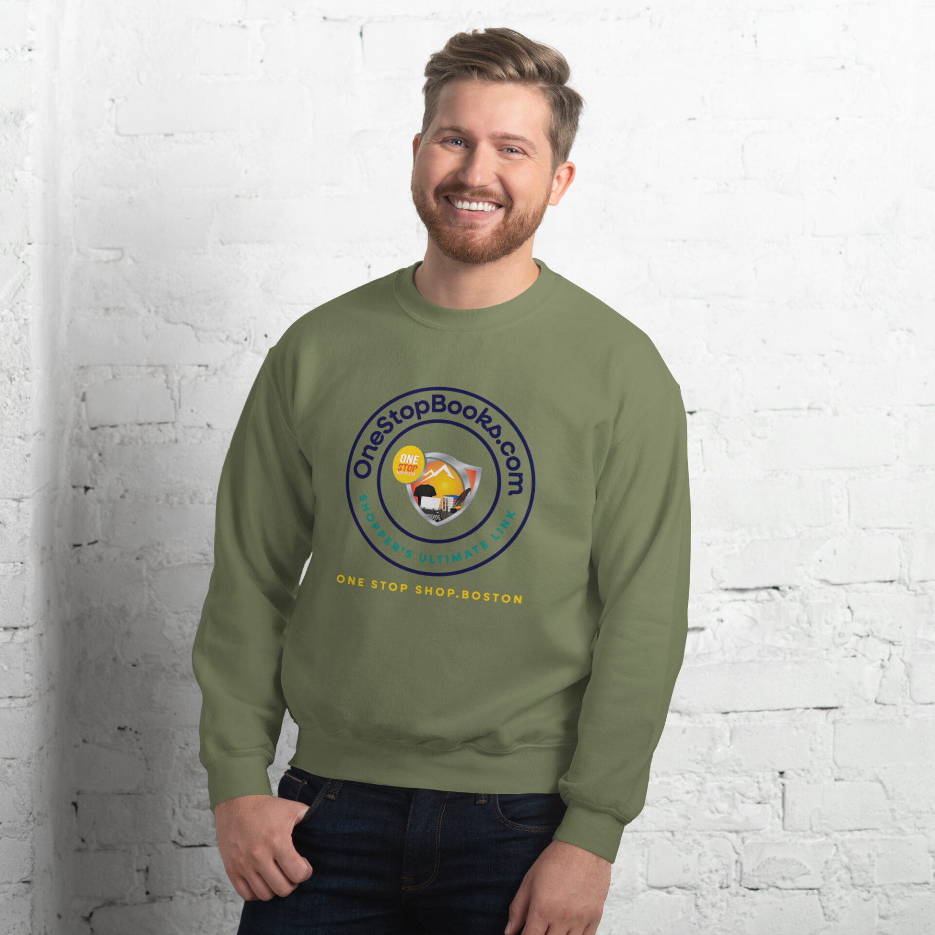 Man wearing green sweatshirt with logo.