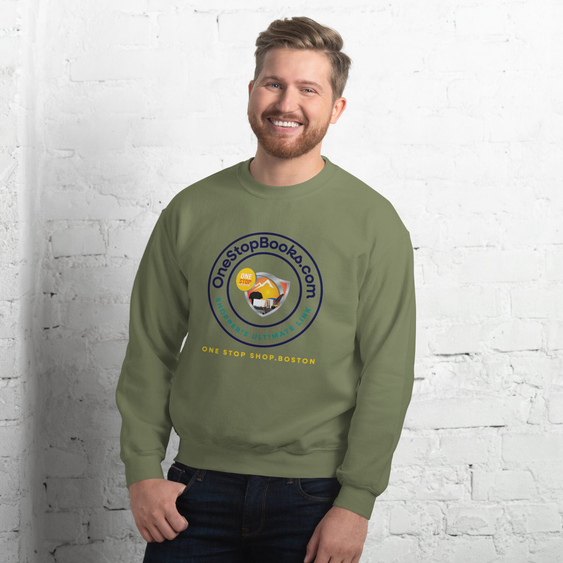 Man wearing green sweatshirt with logo.
