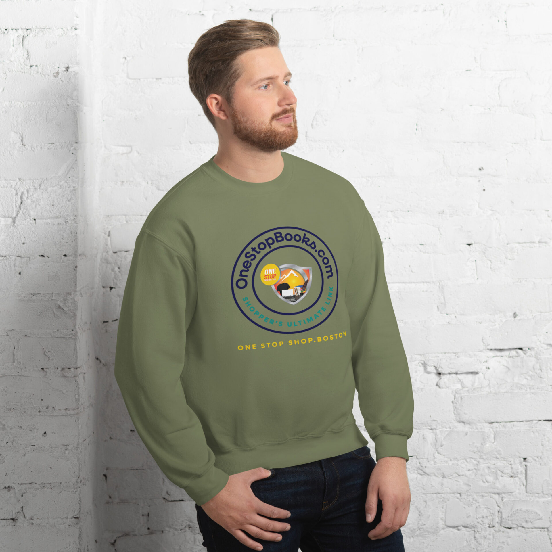 Man wearing green sweatshirt with logo.
