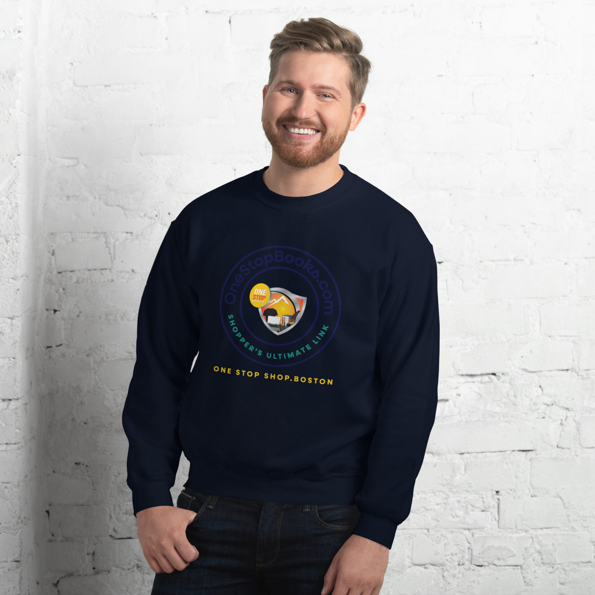 Man wearing a dark blue sweatshirt with a logo.