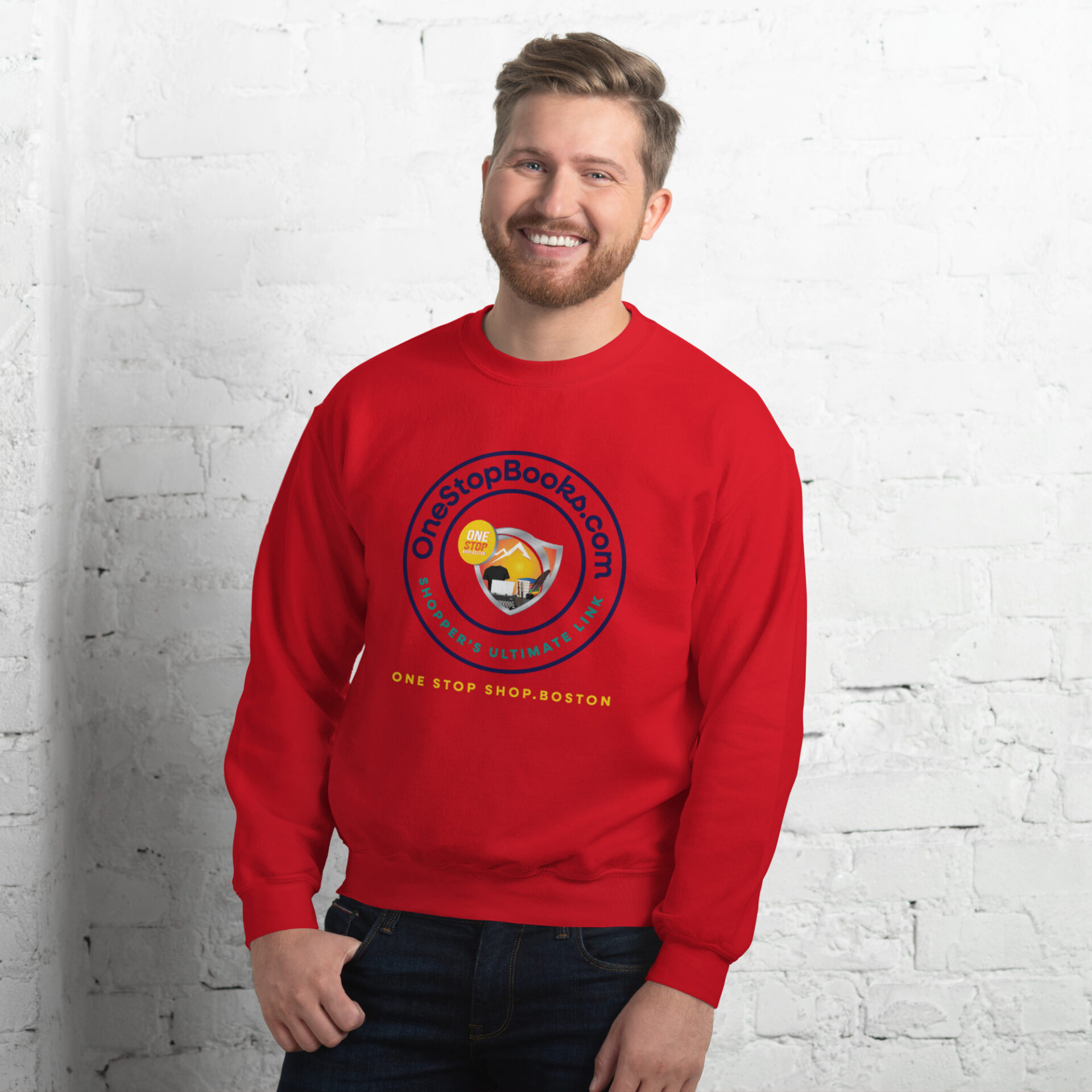 Man wearing red sweatshirt with logo.