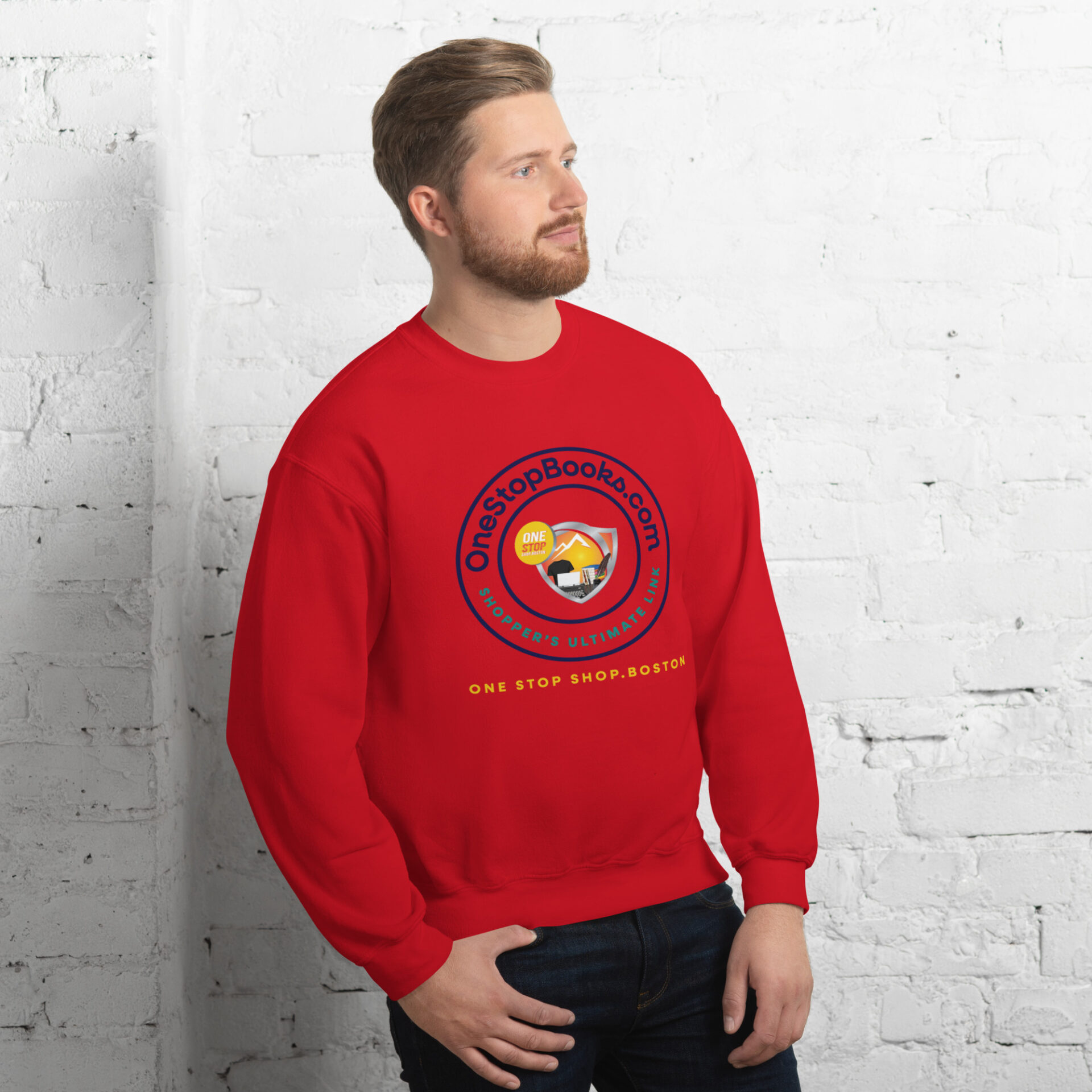 Man wearing a red sweatshirt with a logo.