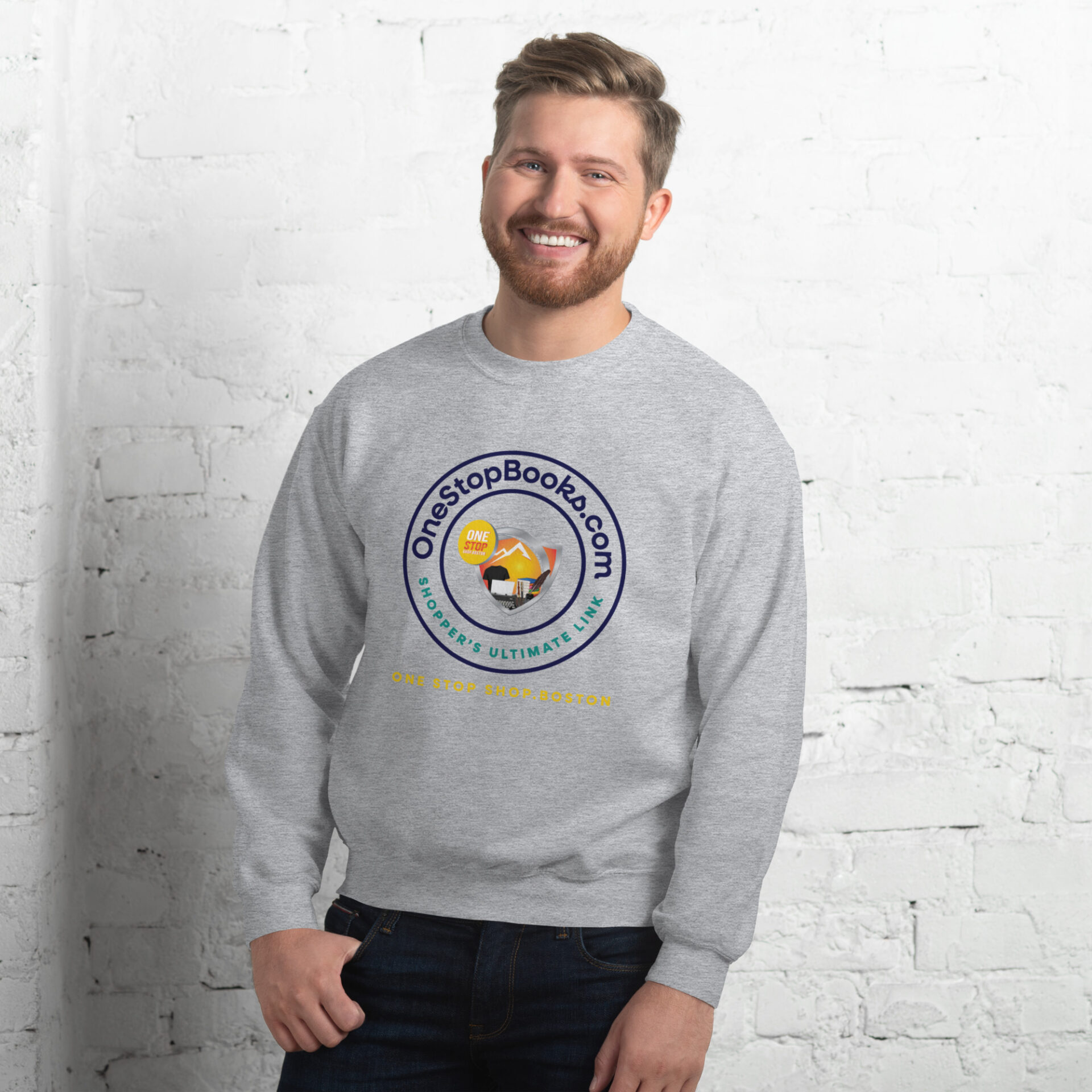 Man wearing a grey sweatshirt with a OneStopBooks.com logo.