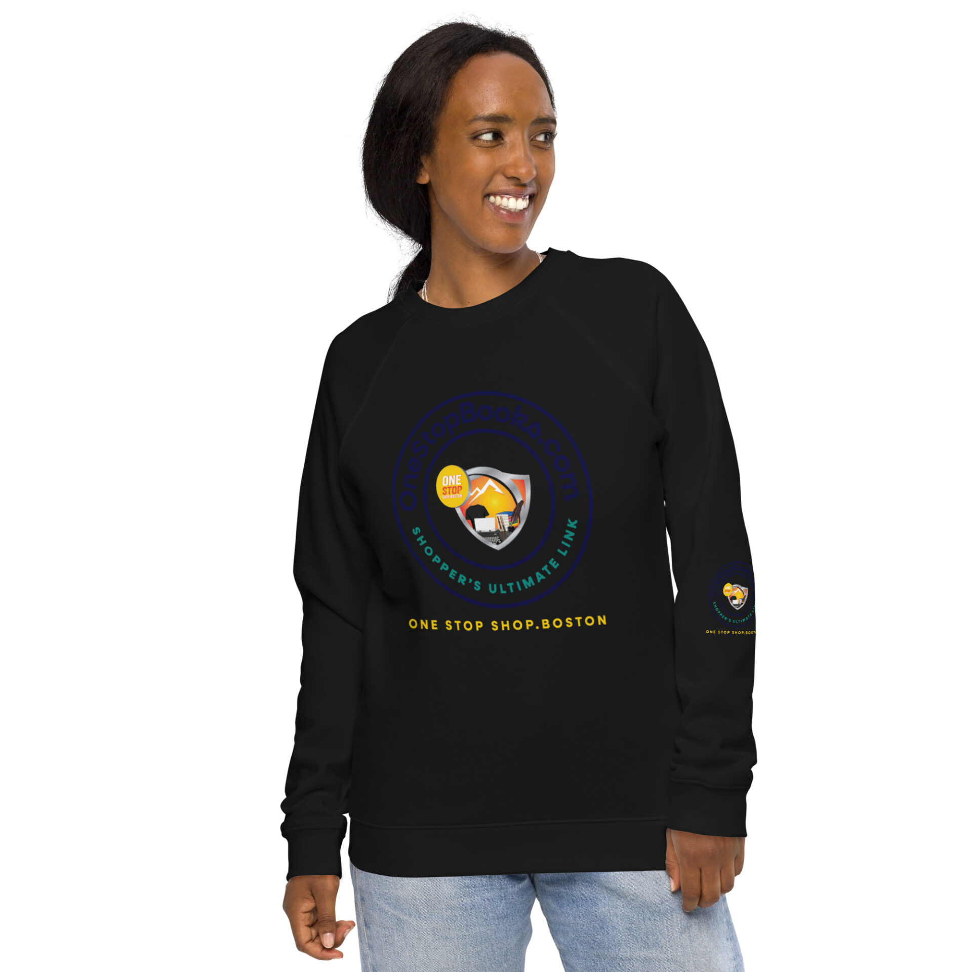 Woman wearing black sweatshirt with logo.