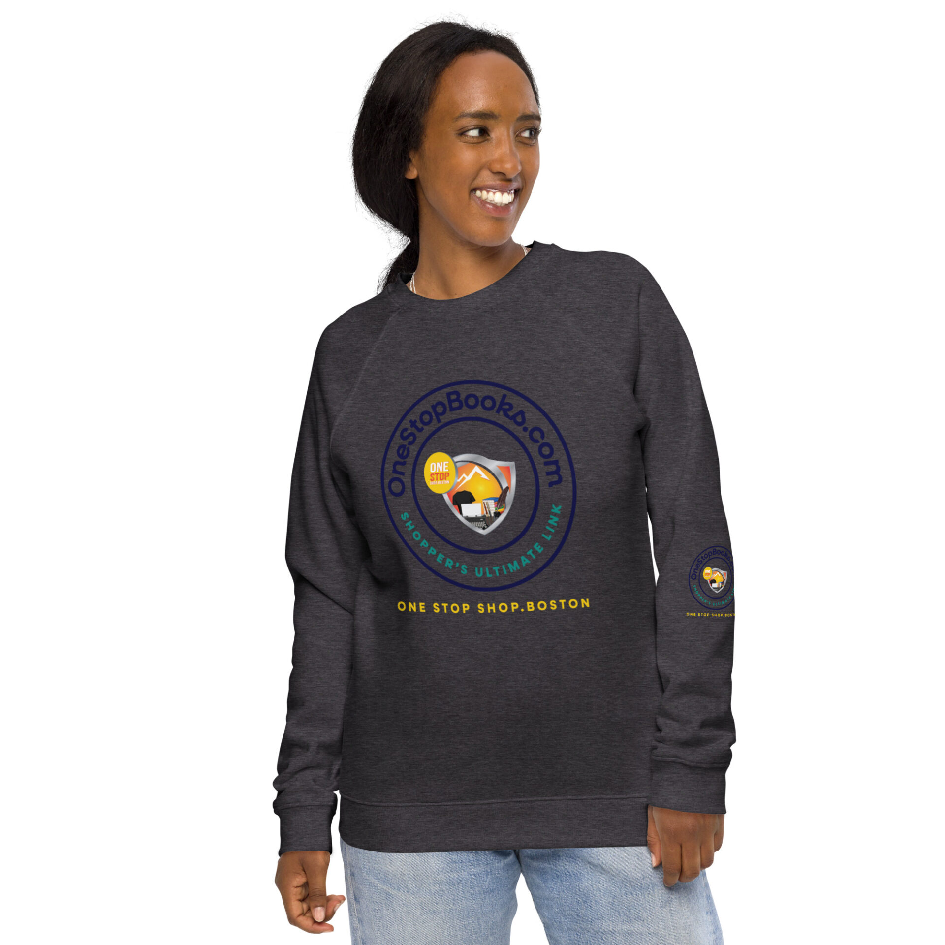 Woman wearing a gray One Stop Books sweatshirt.