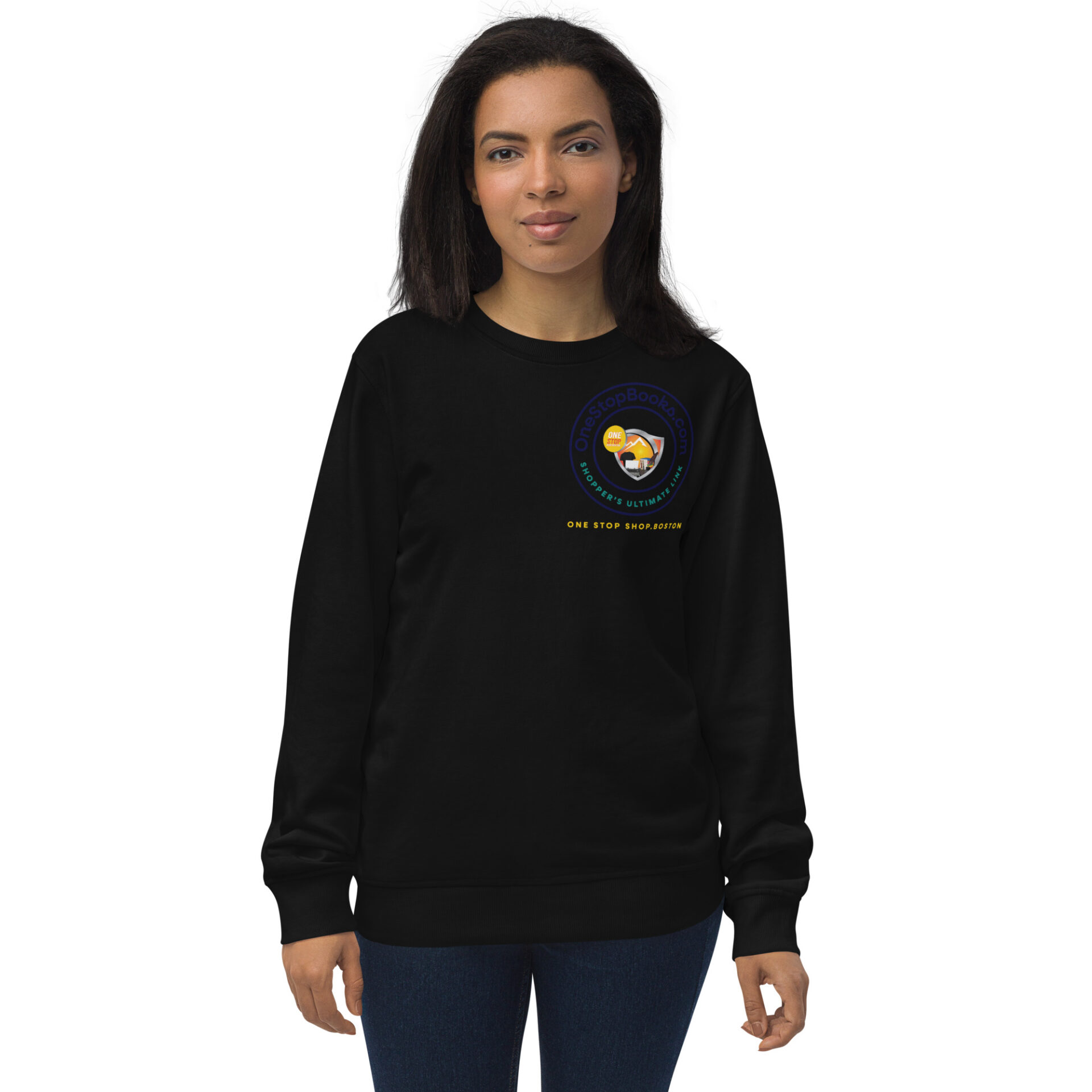 Woman wearing black sweatshirt with logo.