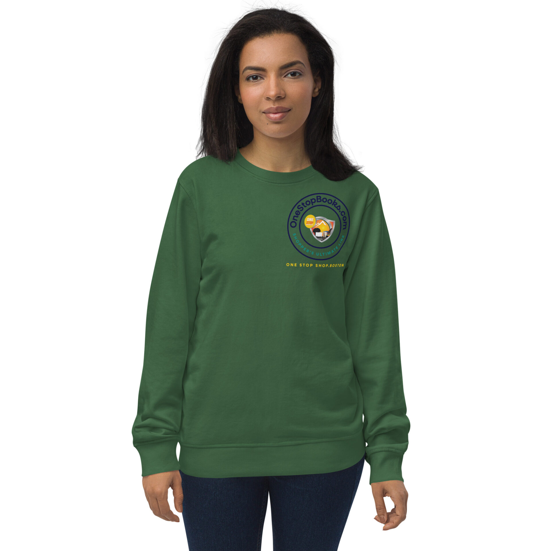 Woman wearing green sweatshirt with logo.