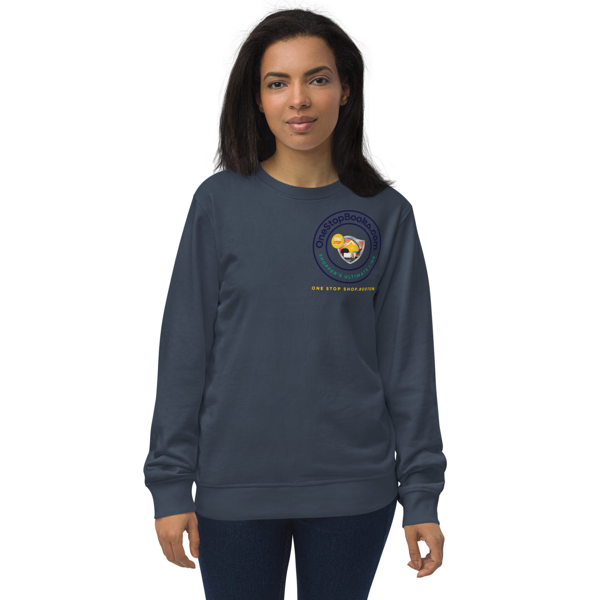 Woman wearing a navy blue sweatshirt with a logo.