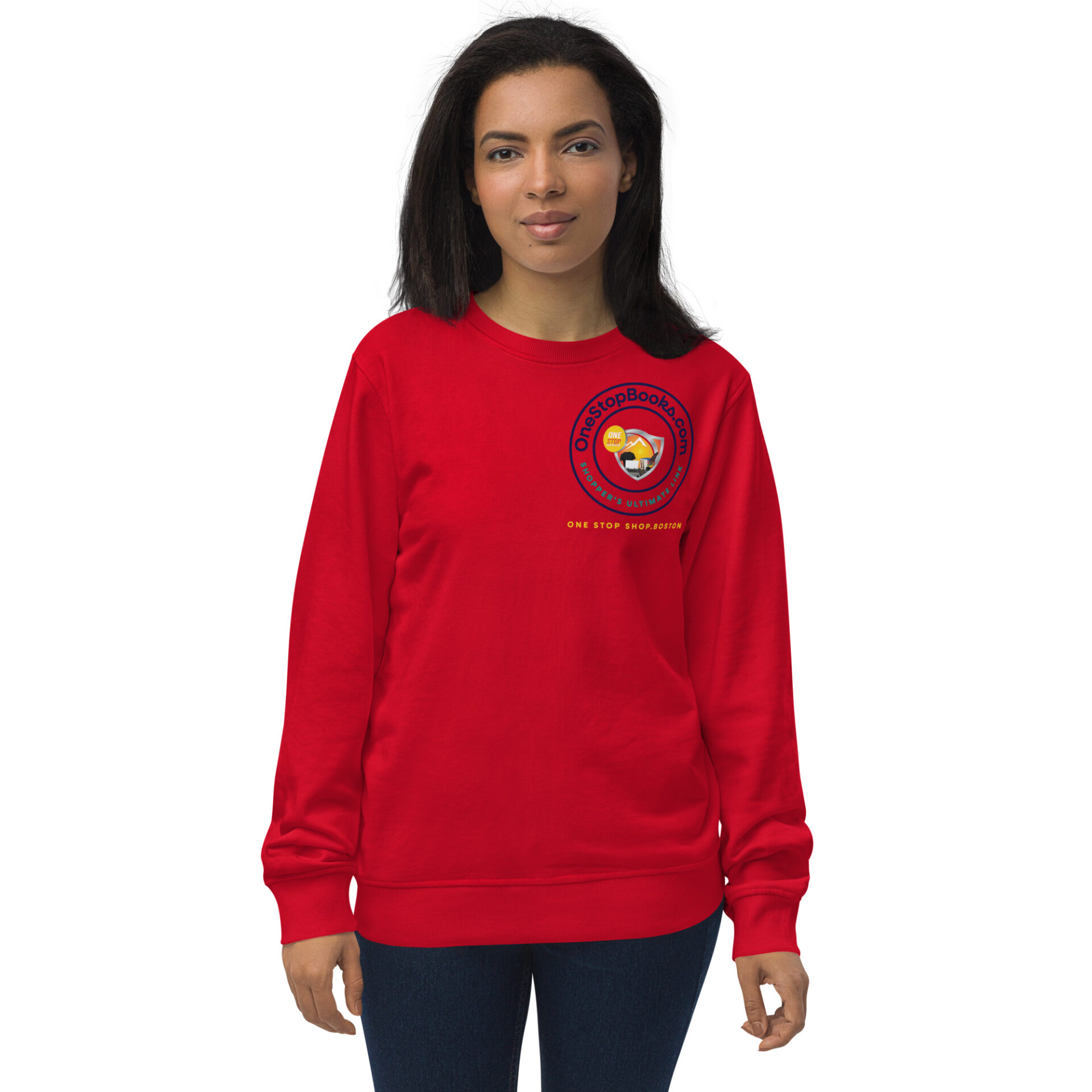 Woman wearing a red sweatshirt with a logo.