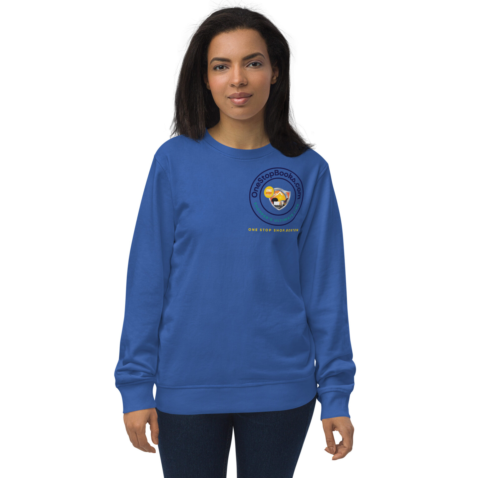 Woman wearing a blue sweatshirt with logo.