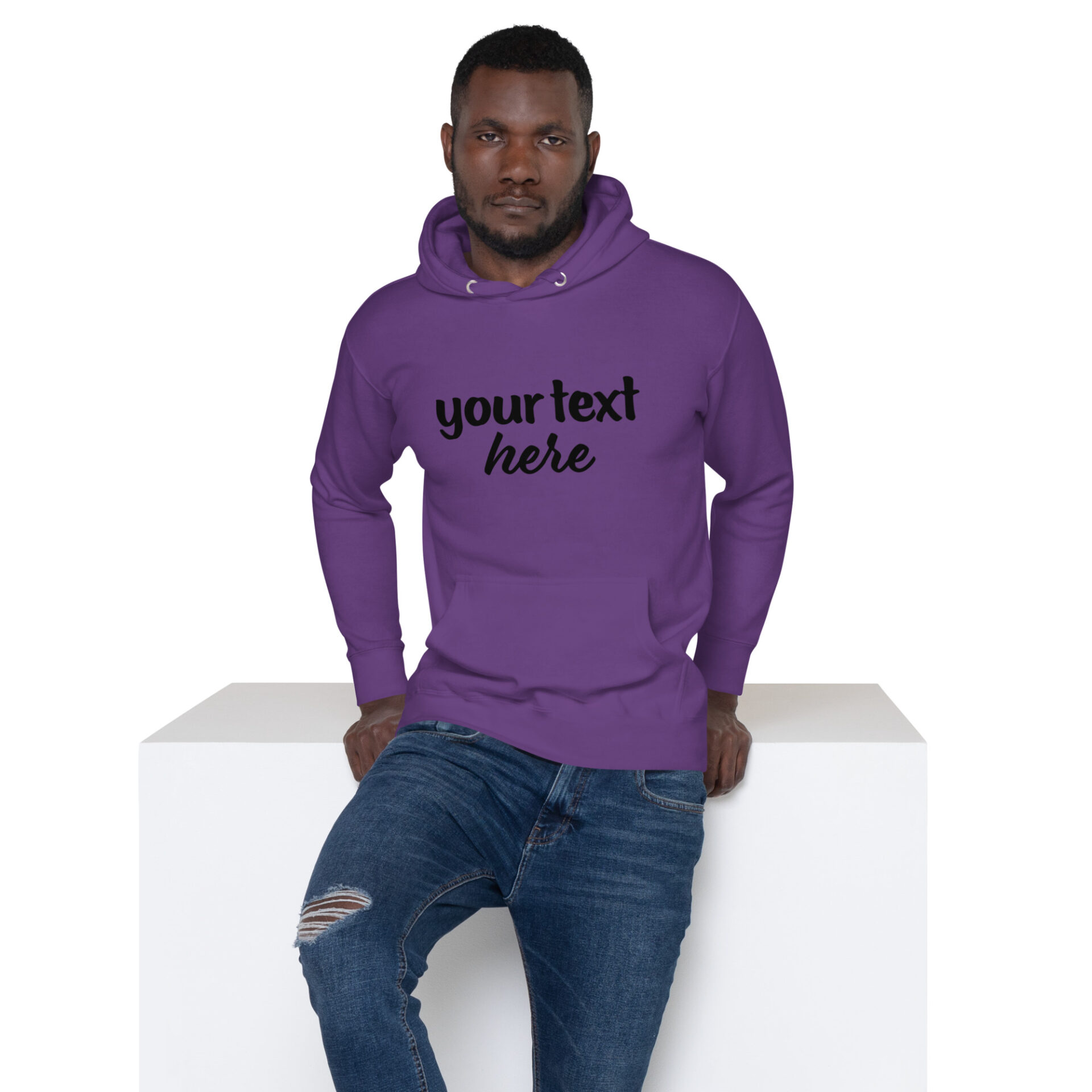 Man wearing purple hoodie with text.