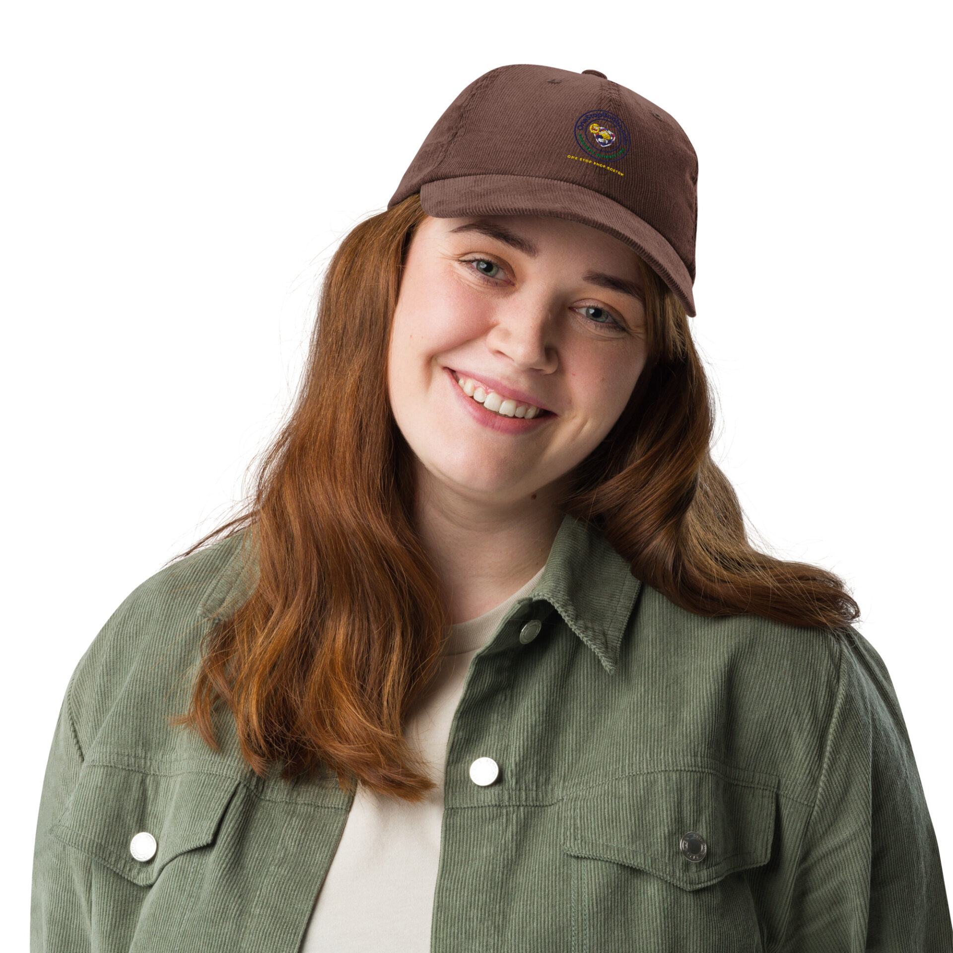 Smiling woman wearing a brown corduroy cap.