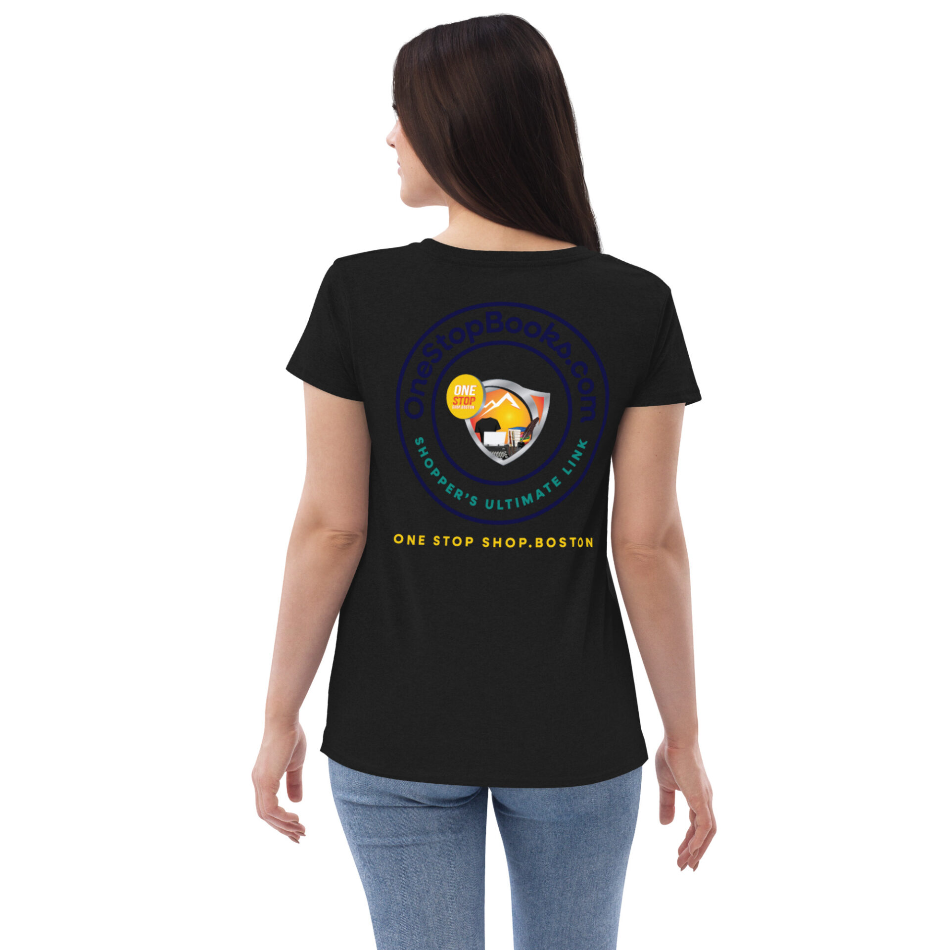 Woman wearing a black t-shirt with a logo.