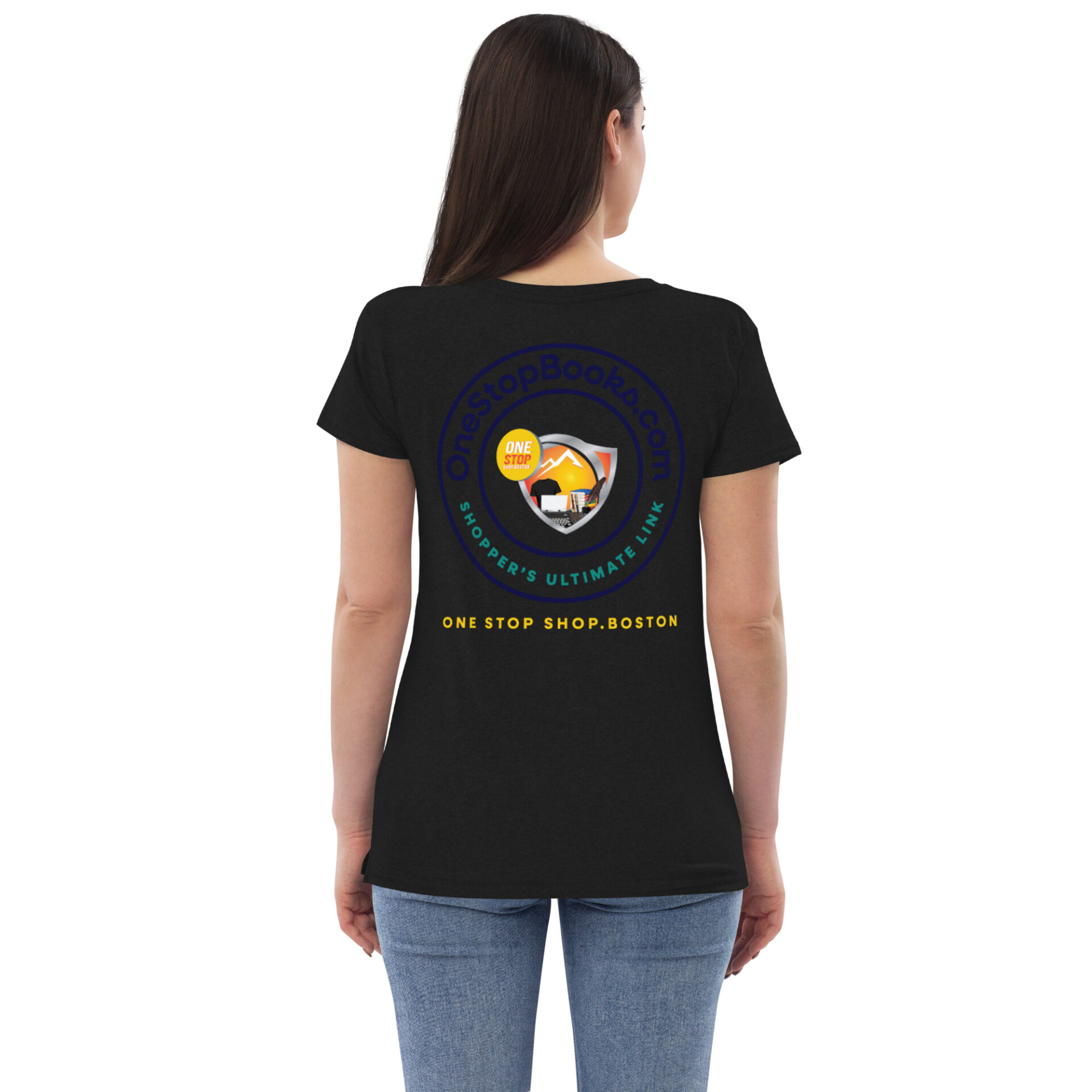 Woman wearing a black One Stop Shop t-shirt.