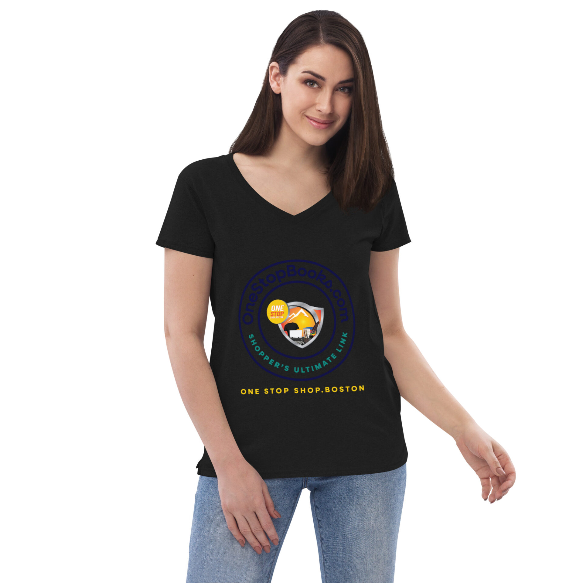 Woman wearing a black t-shirt with a logo.