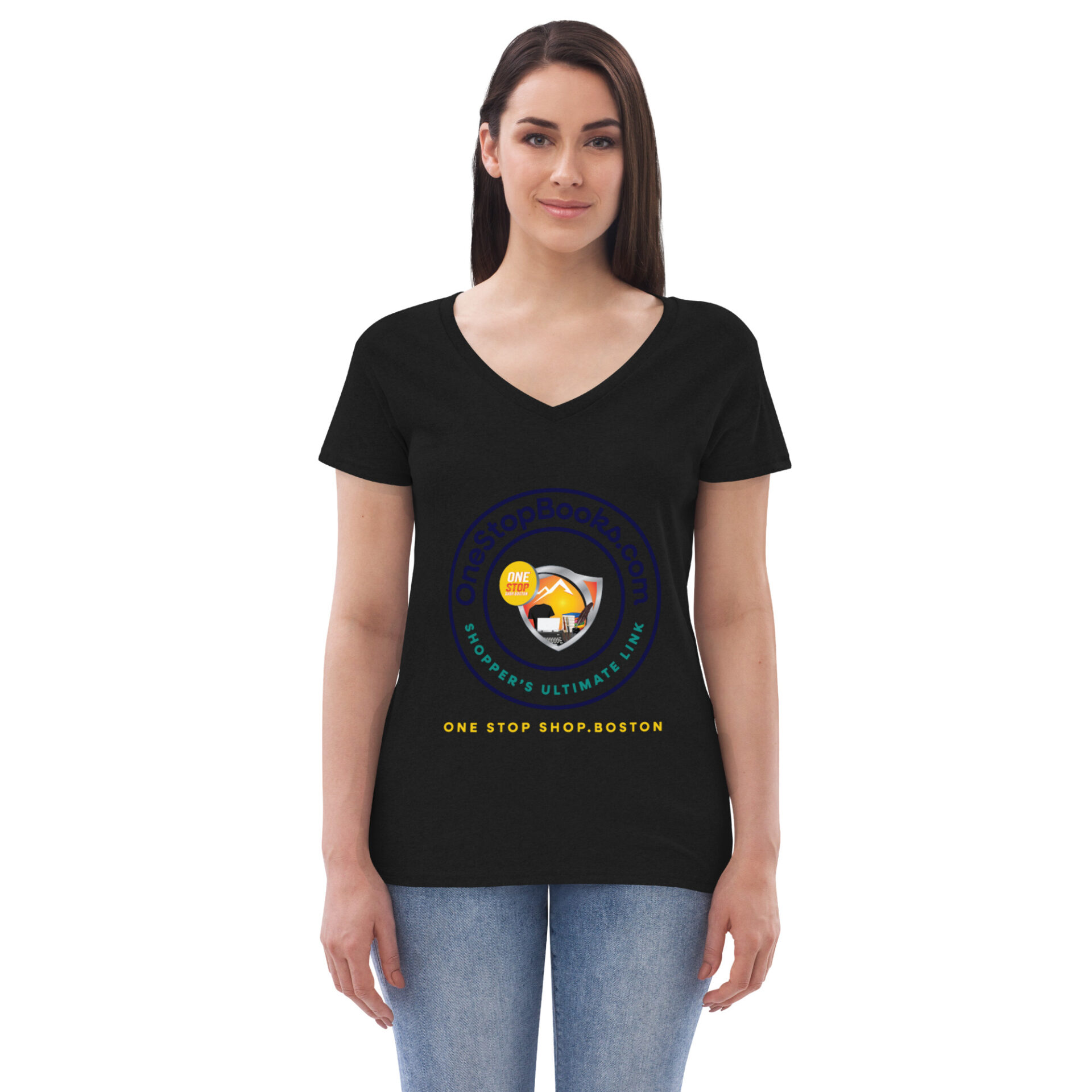 Woman wearing a black t-shirt with a logo.