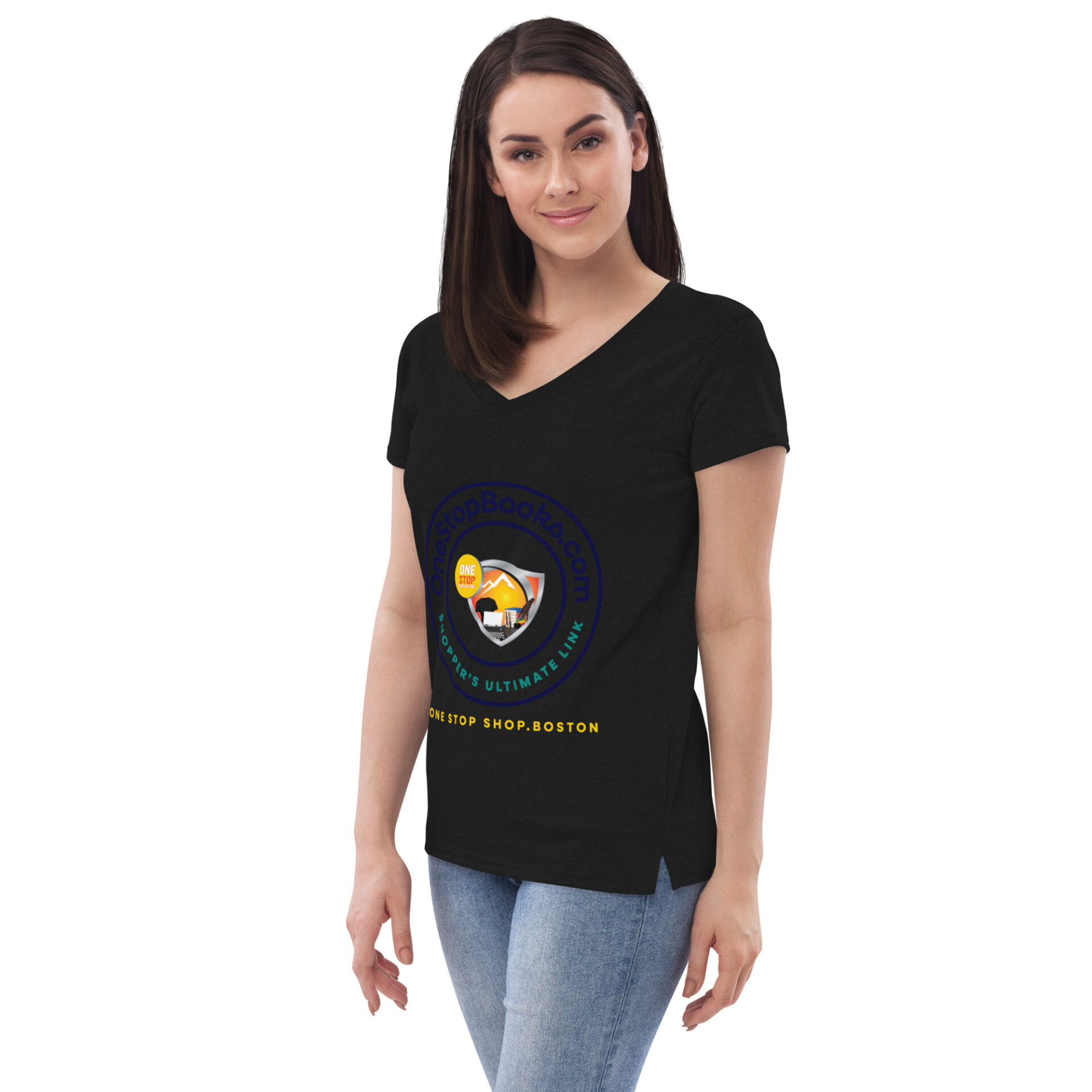 Woman wearing a black t-shirt with a logo.