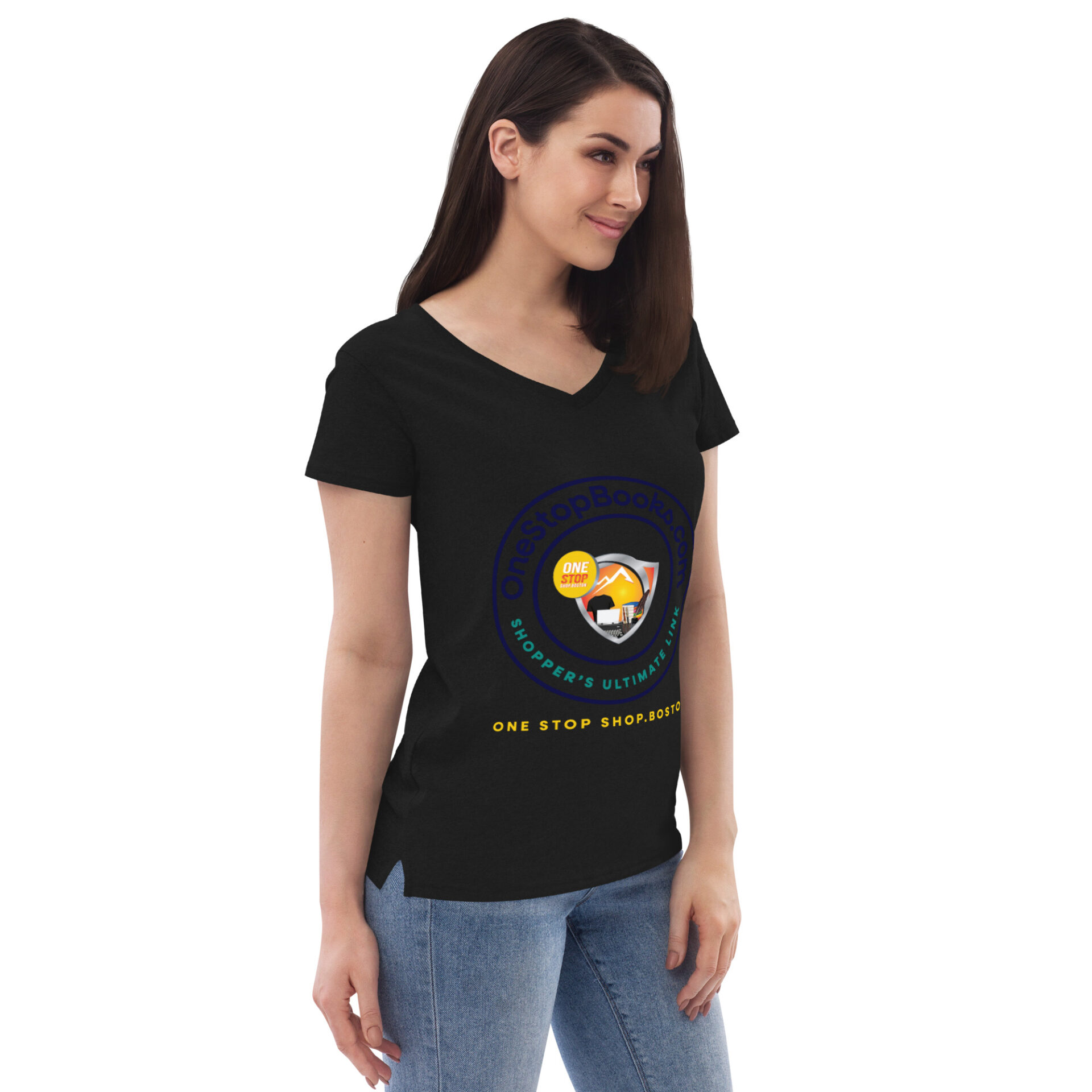 Woman wearing a black t-shirt with a logo.