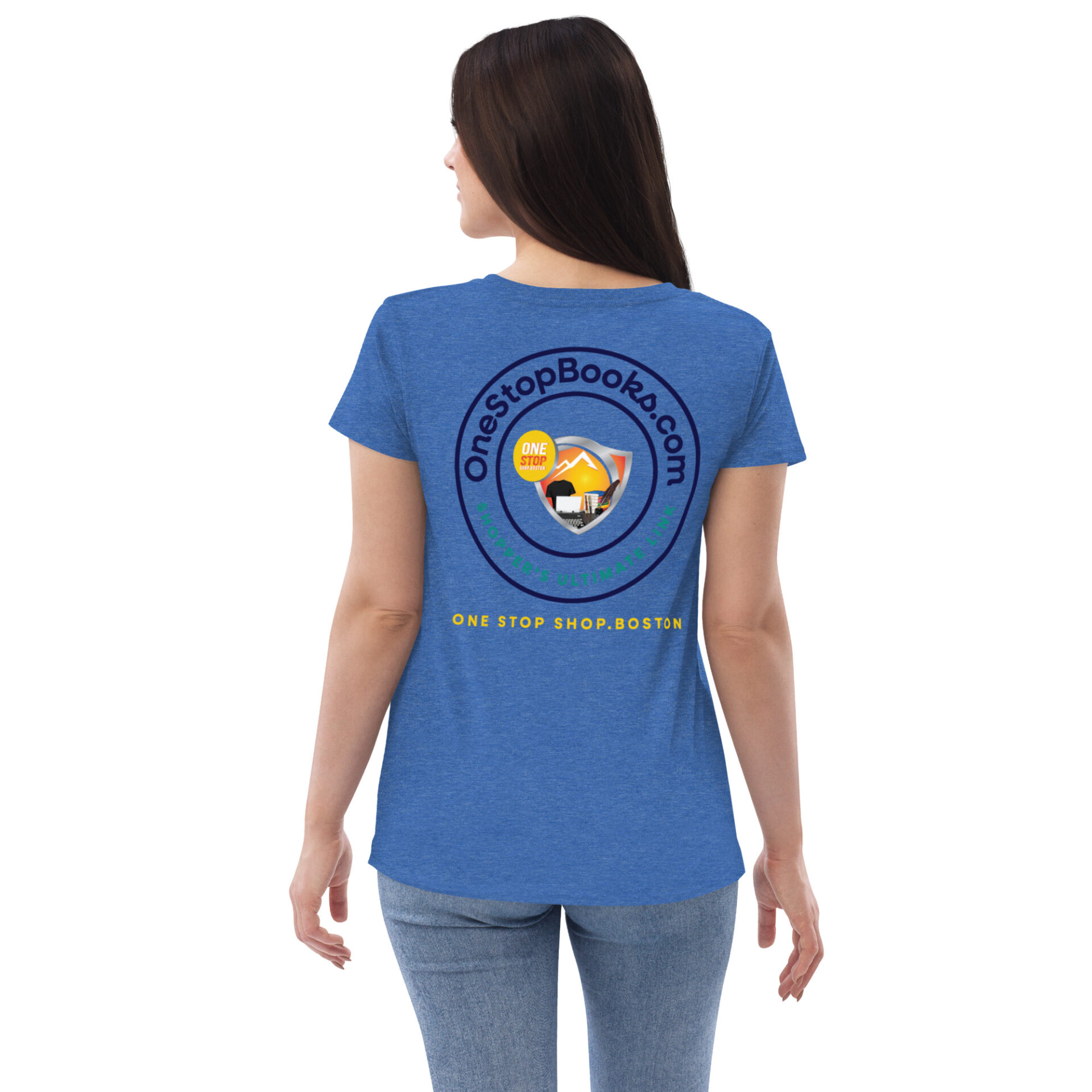 Woman wearing a blue t-shirt with OneStopBooks.com logo.