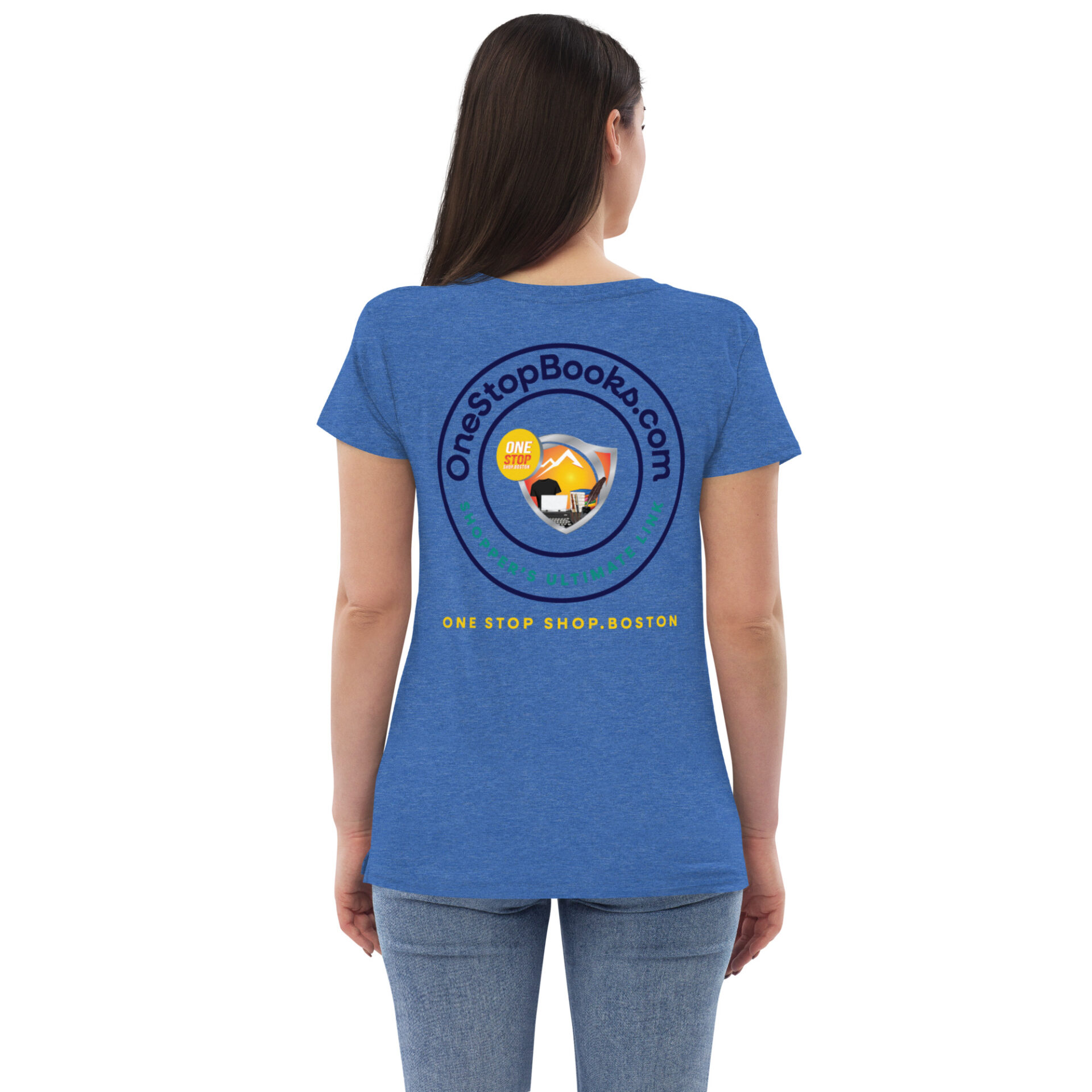 Woman wearing a blue t-shirt with a logo.