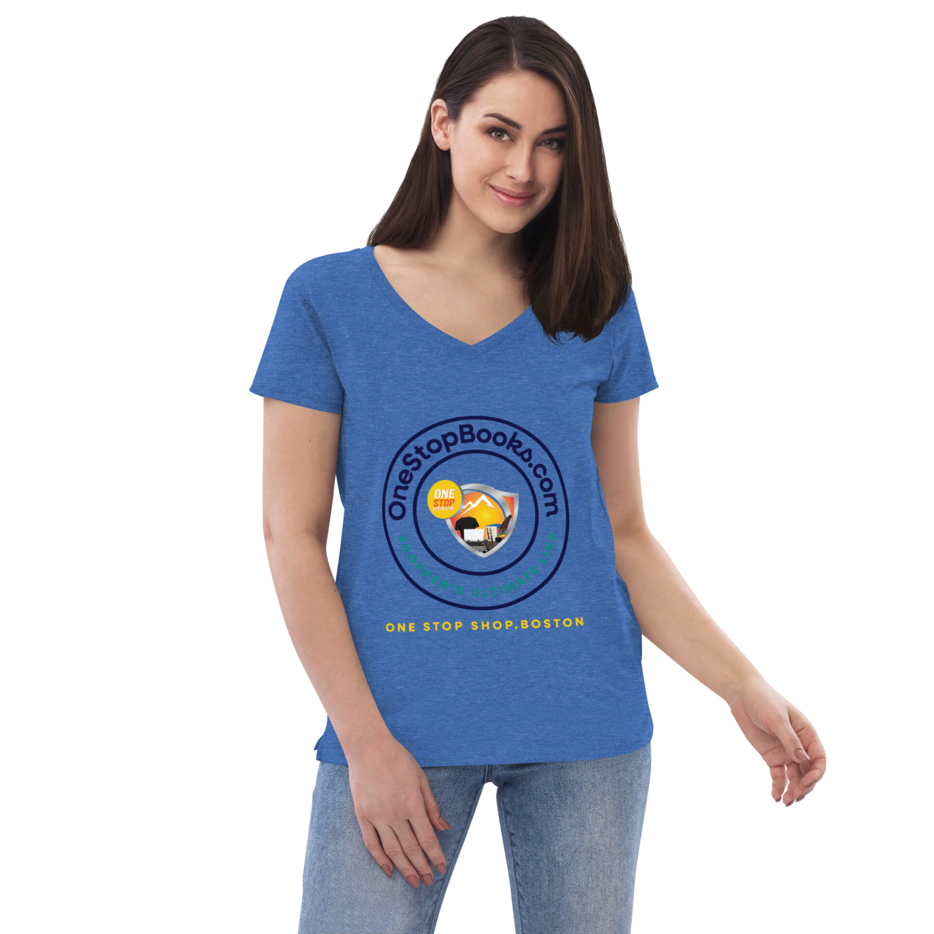 Woman wearing a blue shirt with a logo.