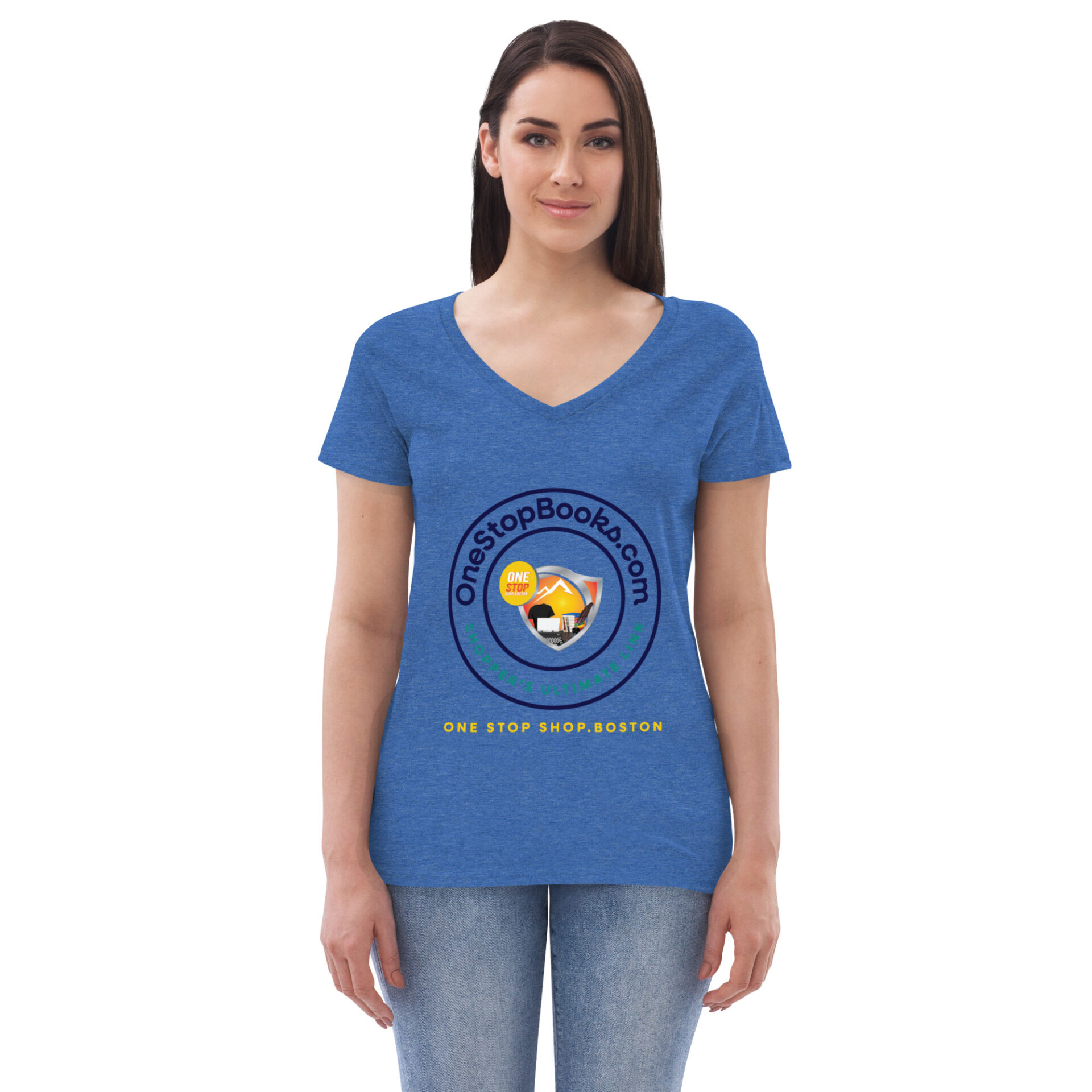 Woman wearing a blue t-shirt with OneStopBooks.com logo.