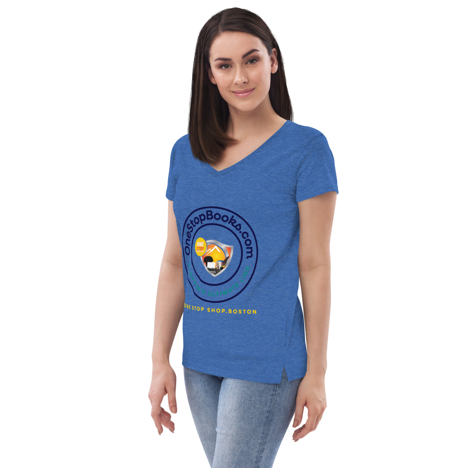 Woman wearing a blue t-shirt with a logo.