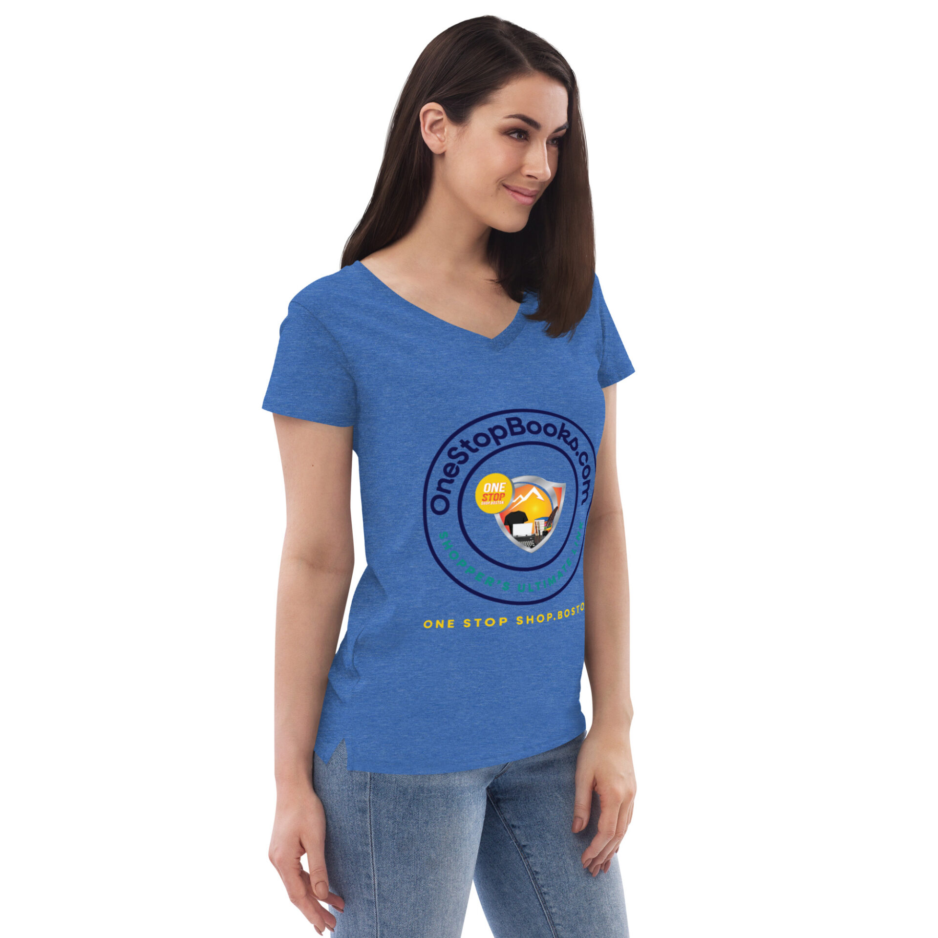 Woman wearing a blue shirt with a logo.