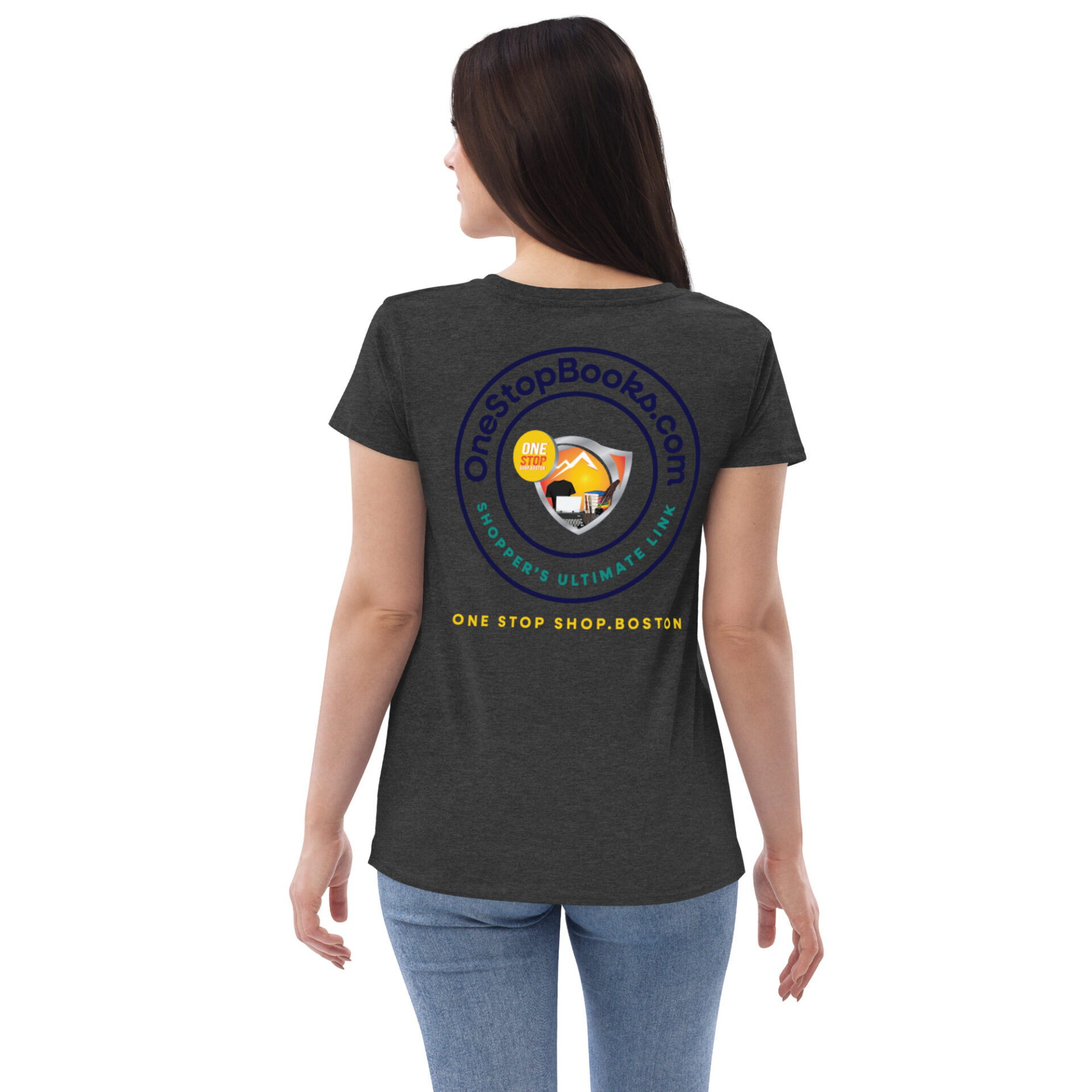 Woman wearing a grey shirt with a "One Stop Books" logo.