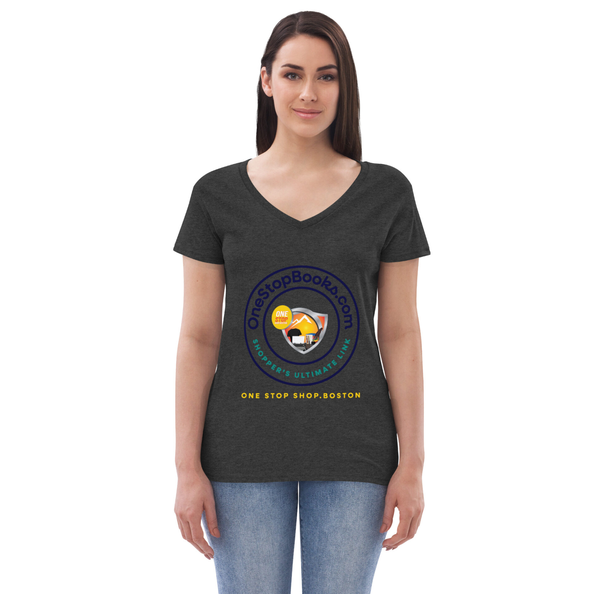 Woman wearing a gray One Stop Books t-shirt.