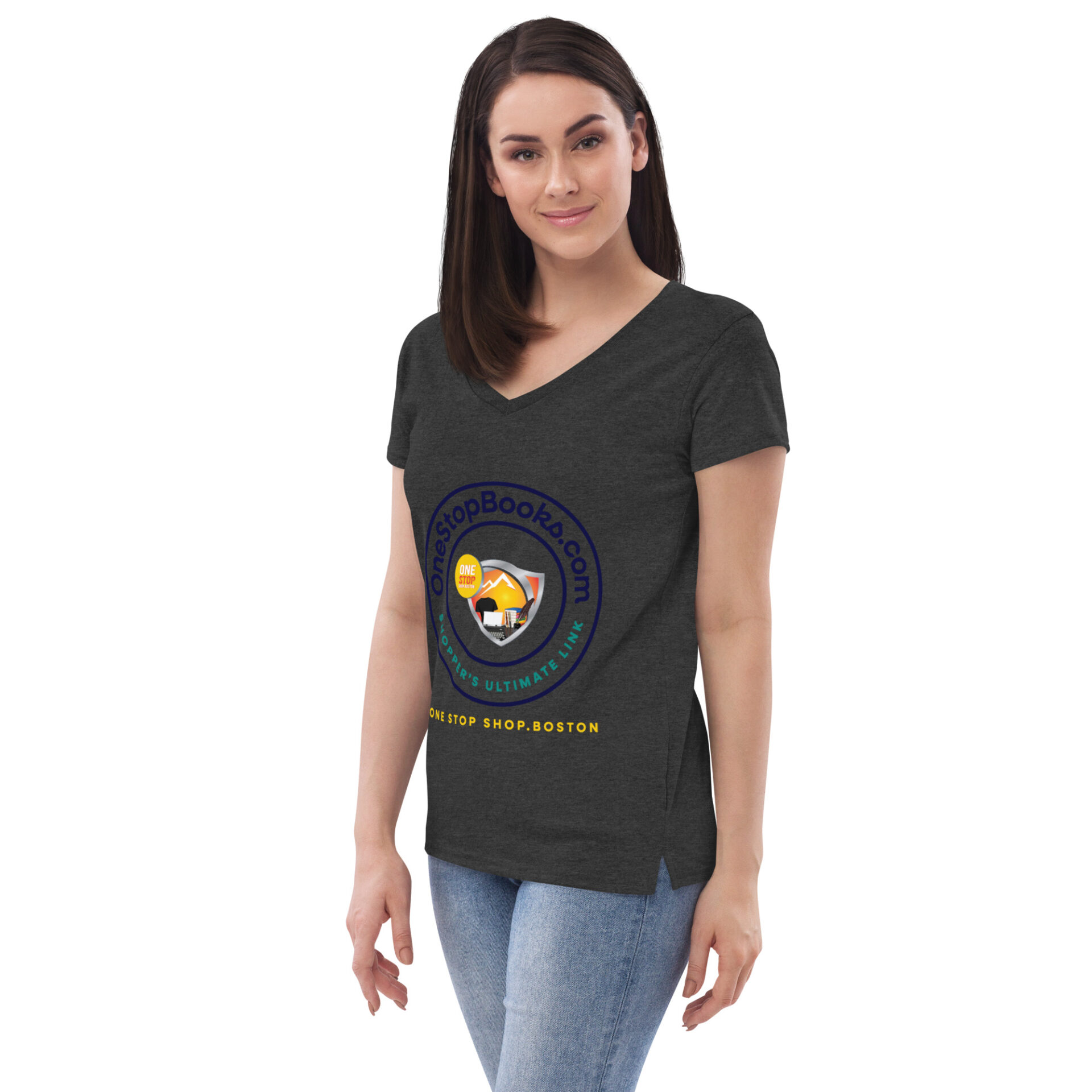 Woman wearing a gray t-shirt with a logo.