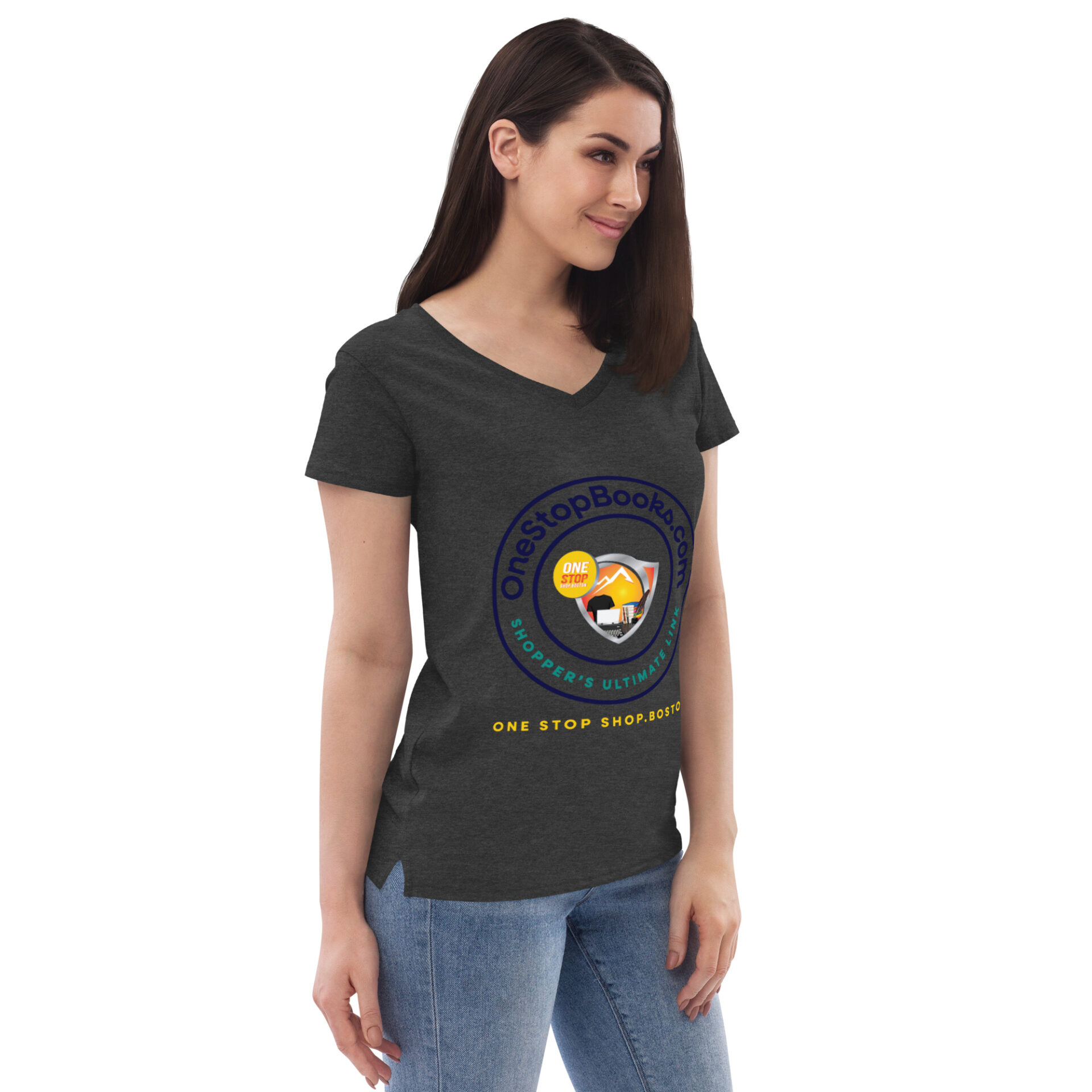Woman wearing a grey t-shirt with logo.