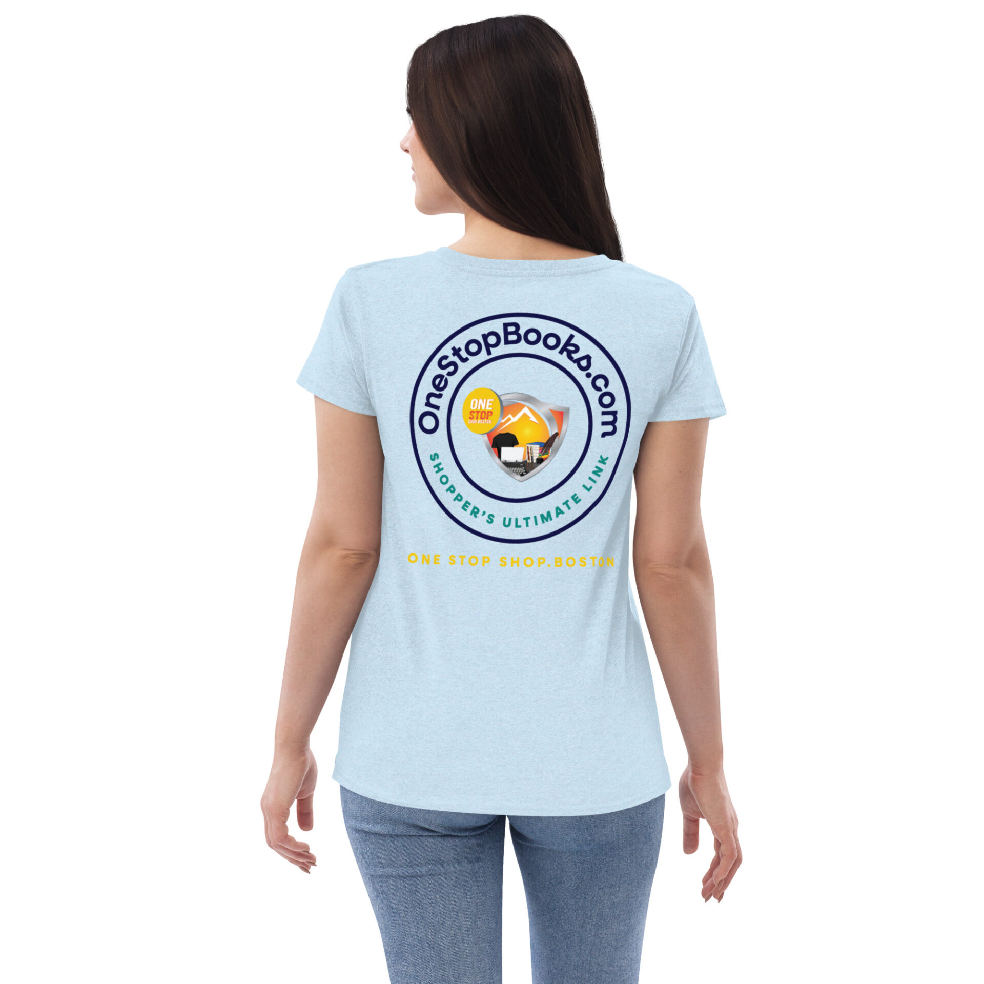 Woman wearing a blue One Stop Books.com shirt.