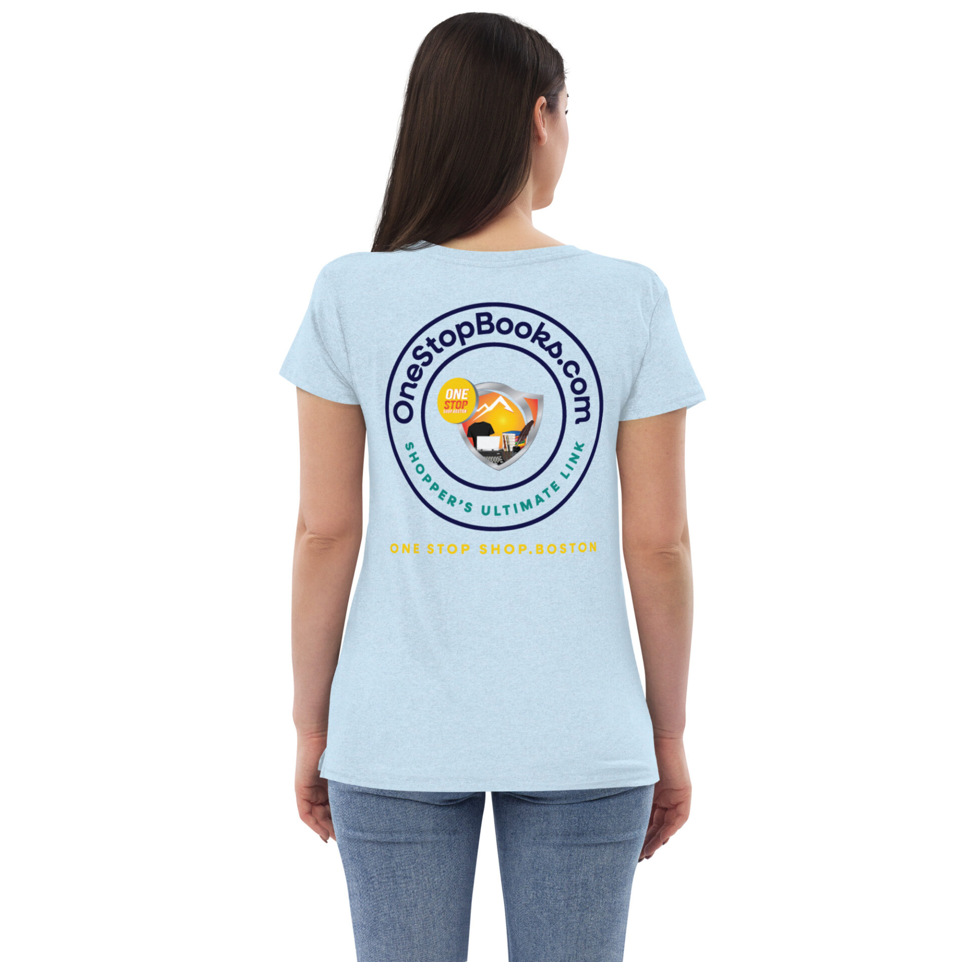 Woman wearing a blue One Stop Books t-shirt.