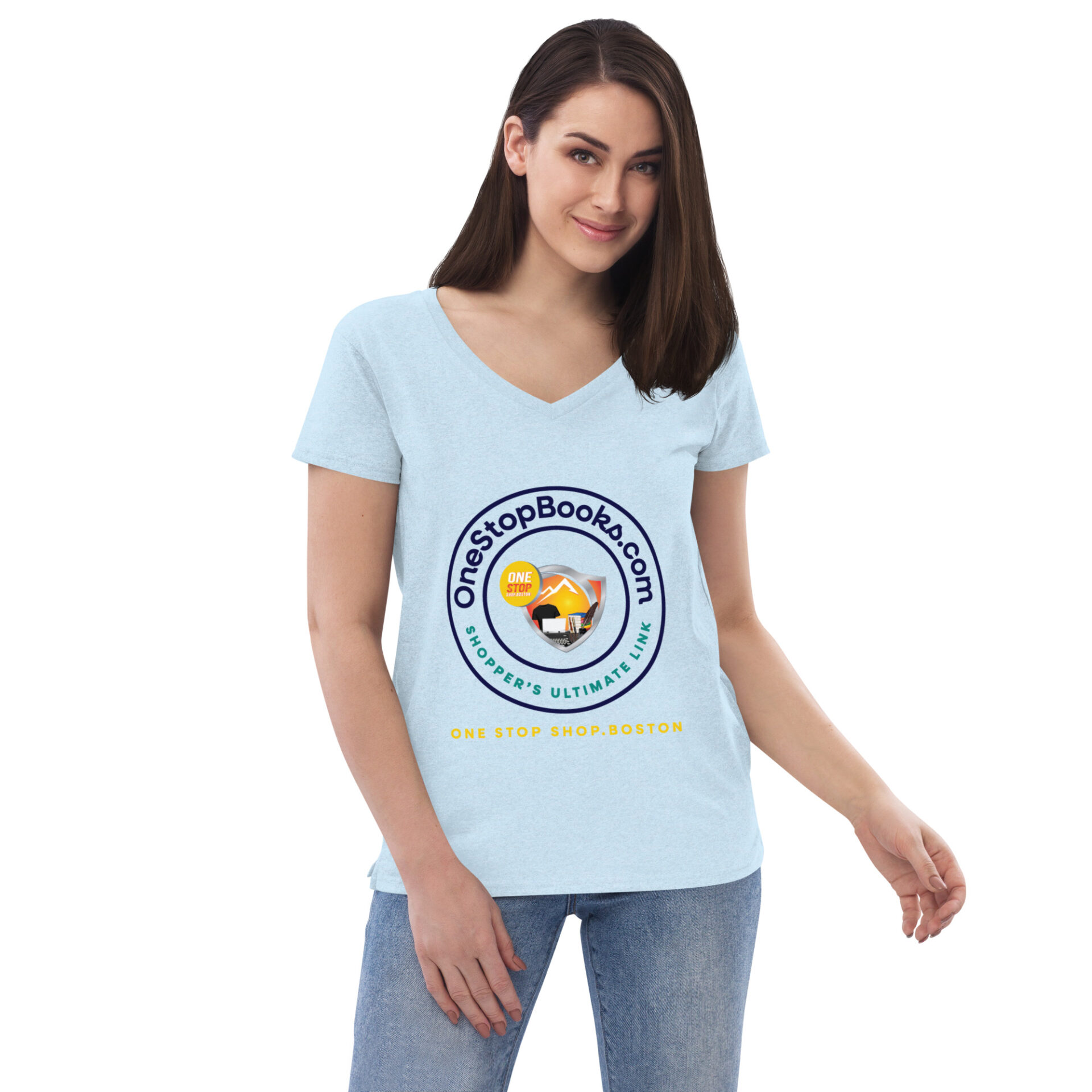 Woman wearing a light blue One Stop Books shirt.