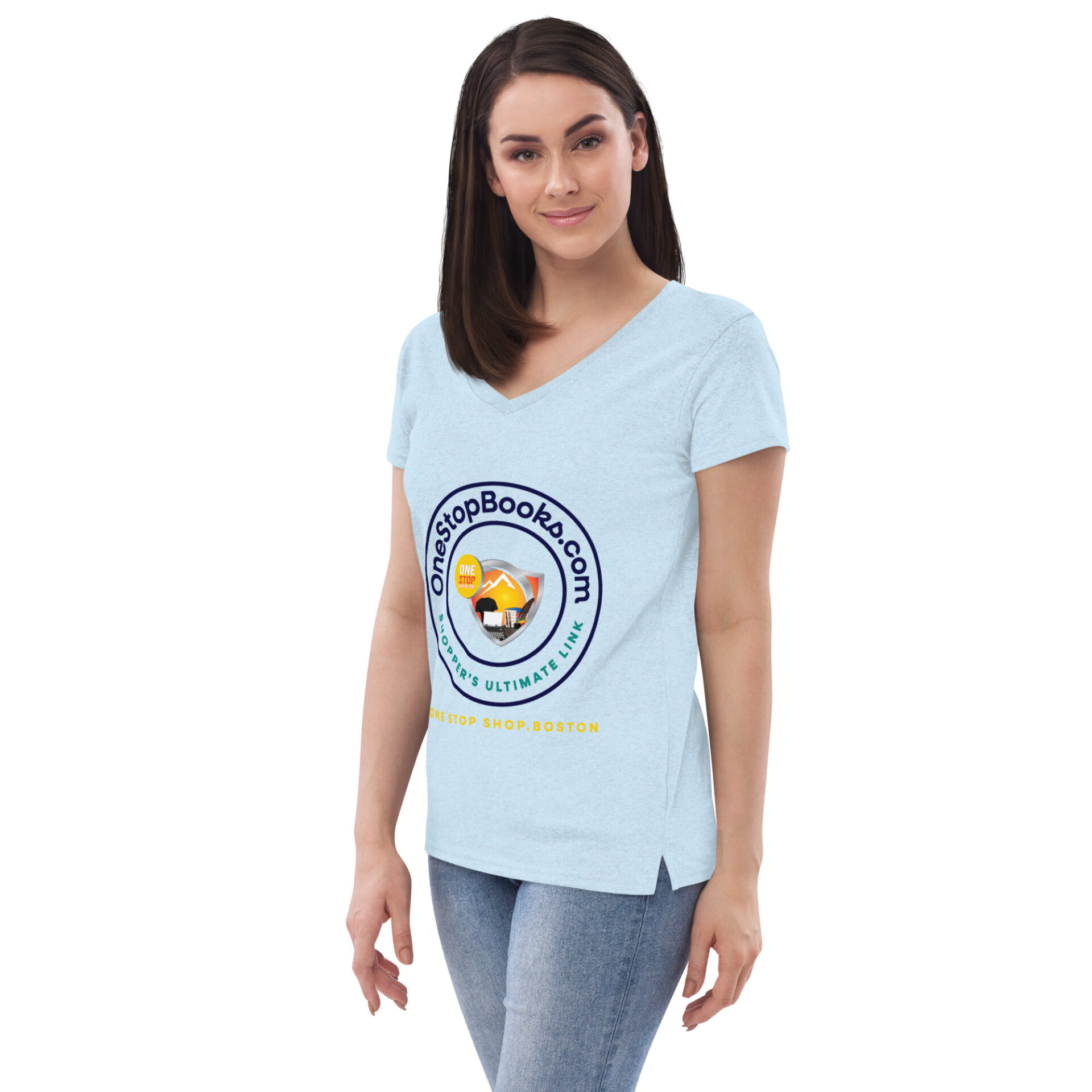 Woman wearing a blue shirt with a logo.