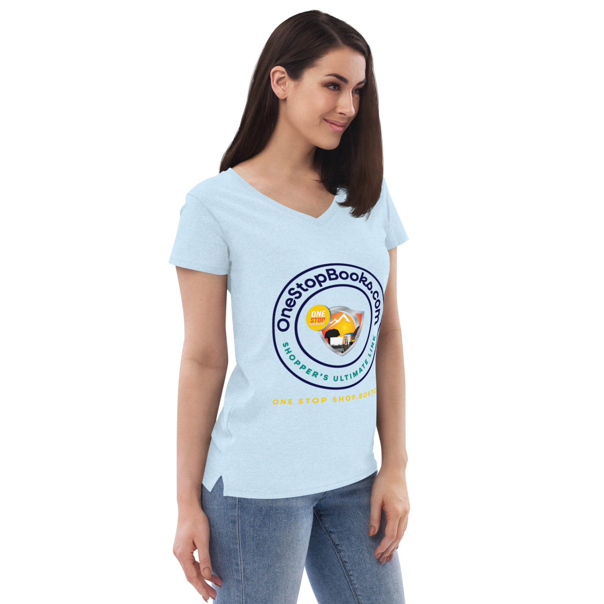 Woman wearing a blue OneStopBooks.com shirt.