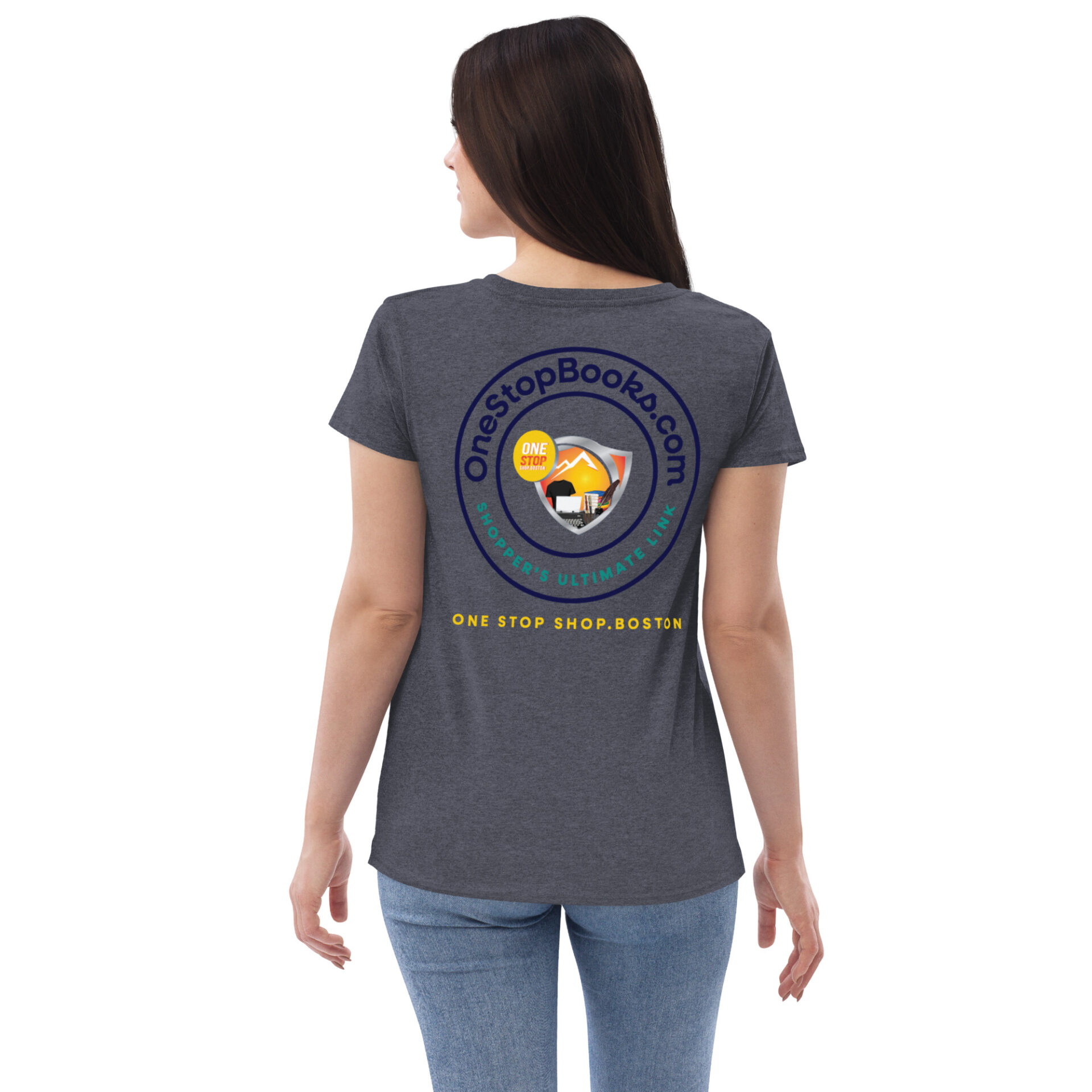 Woman wearing a grey shirt with OneStopBooks.com logo.