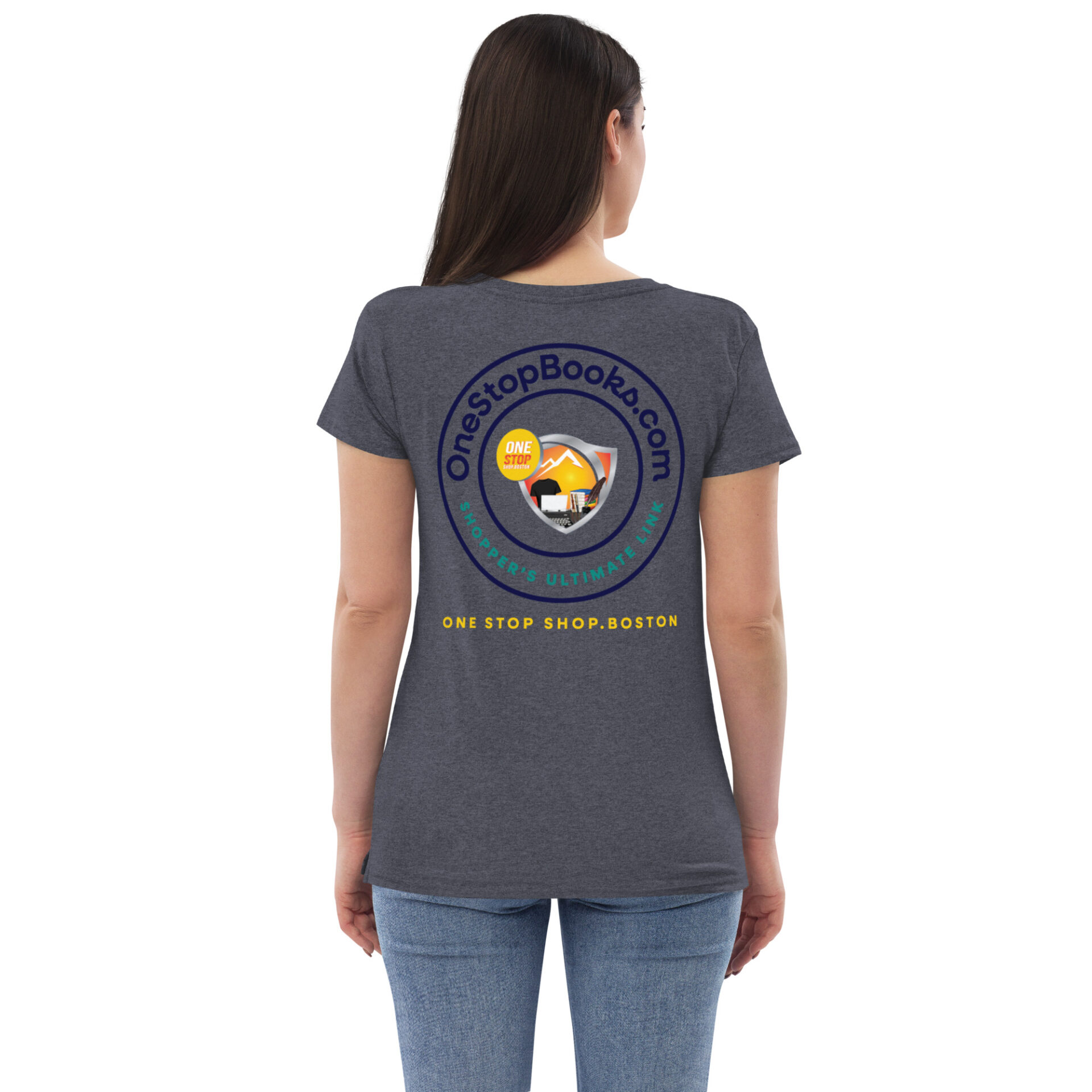 Woman wearing gray shirt with OneStopBooks.com logo.