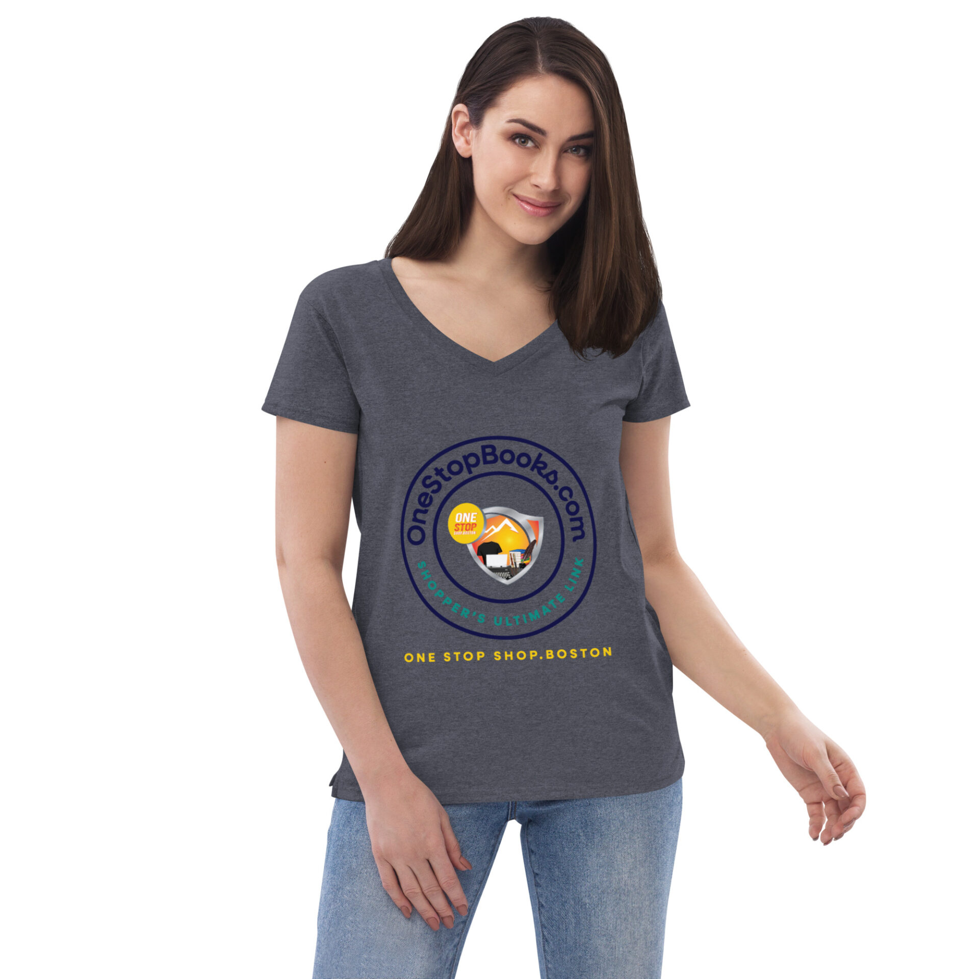 Woman wearing grey t-shirt with logo.