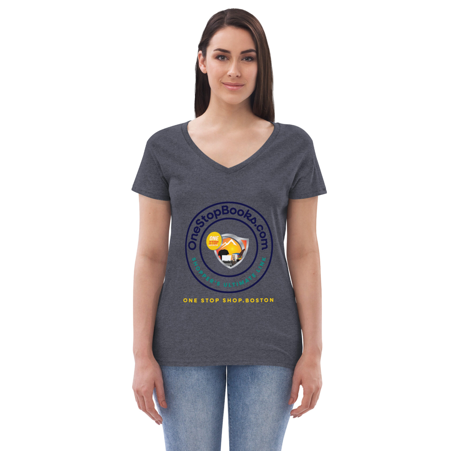 Woman wearing a grey t-shirt with a logo.