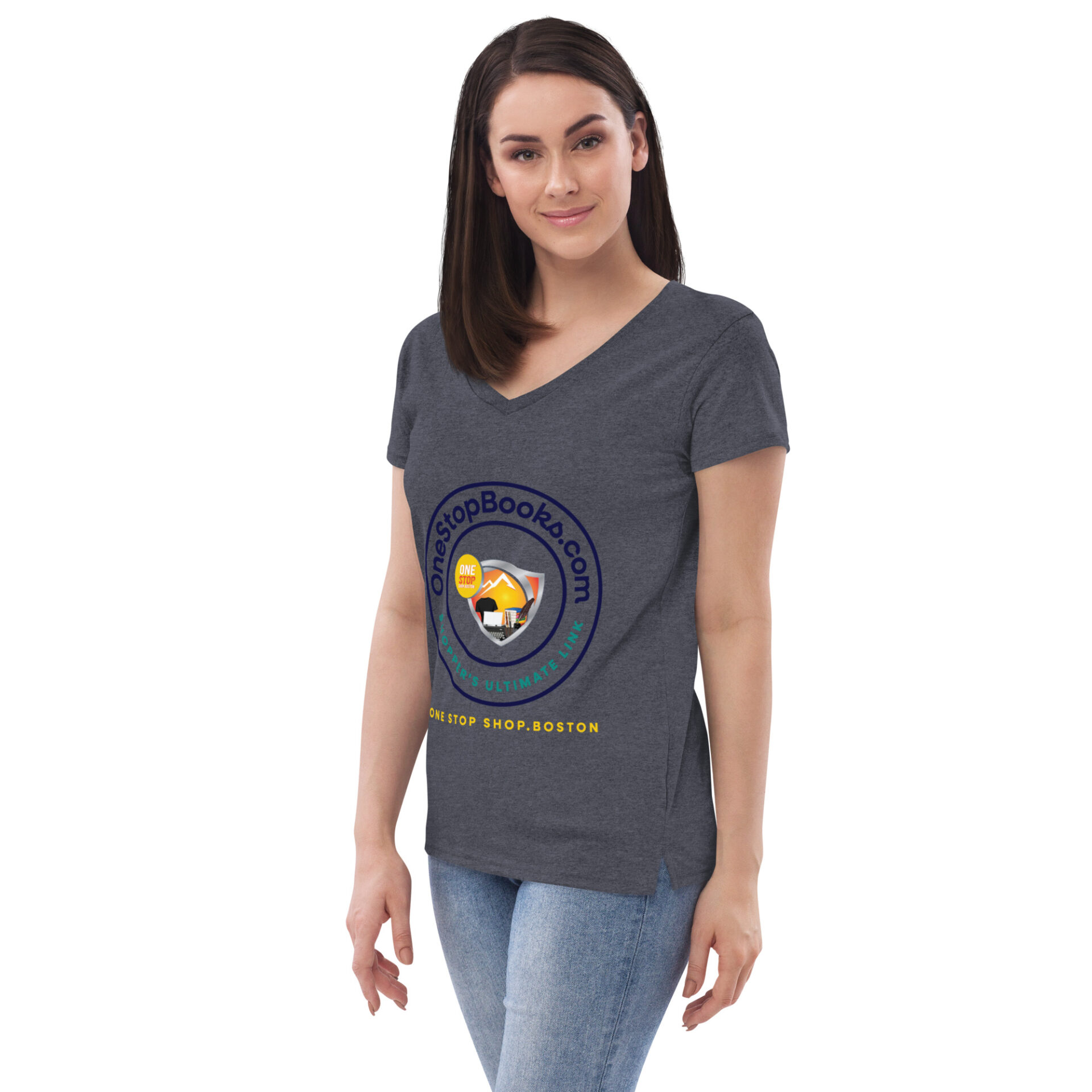 Woman wearing a One Stop Books.com shirt.