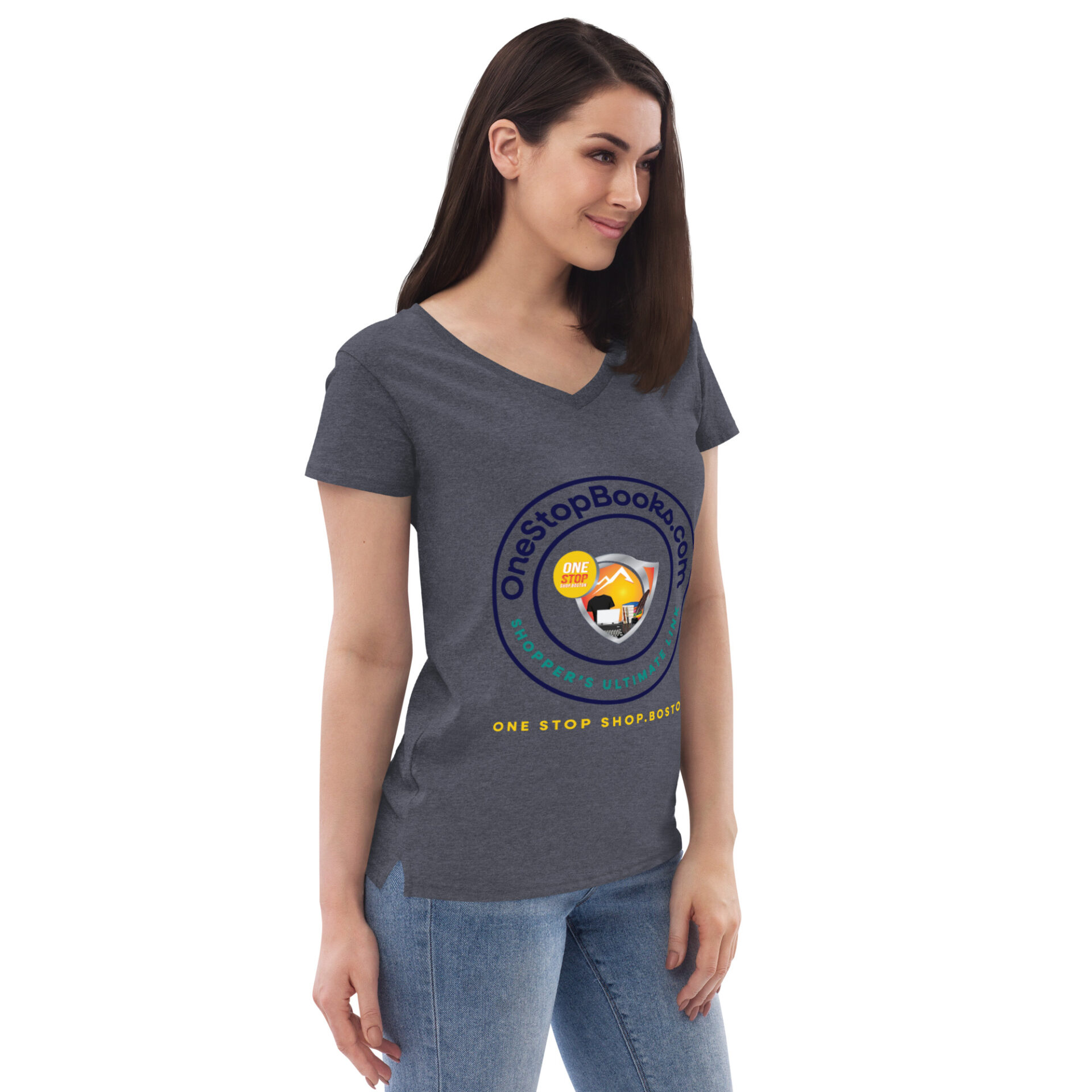 Woman wearing a gray shirt with a logo.