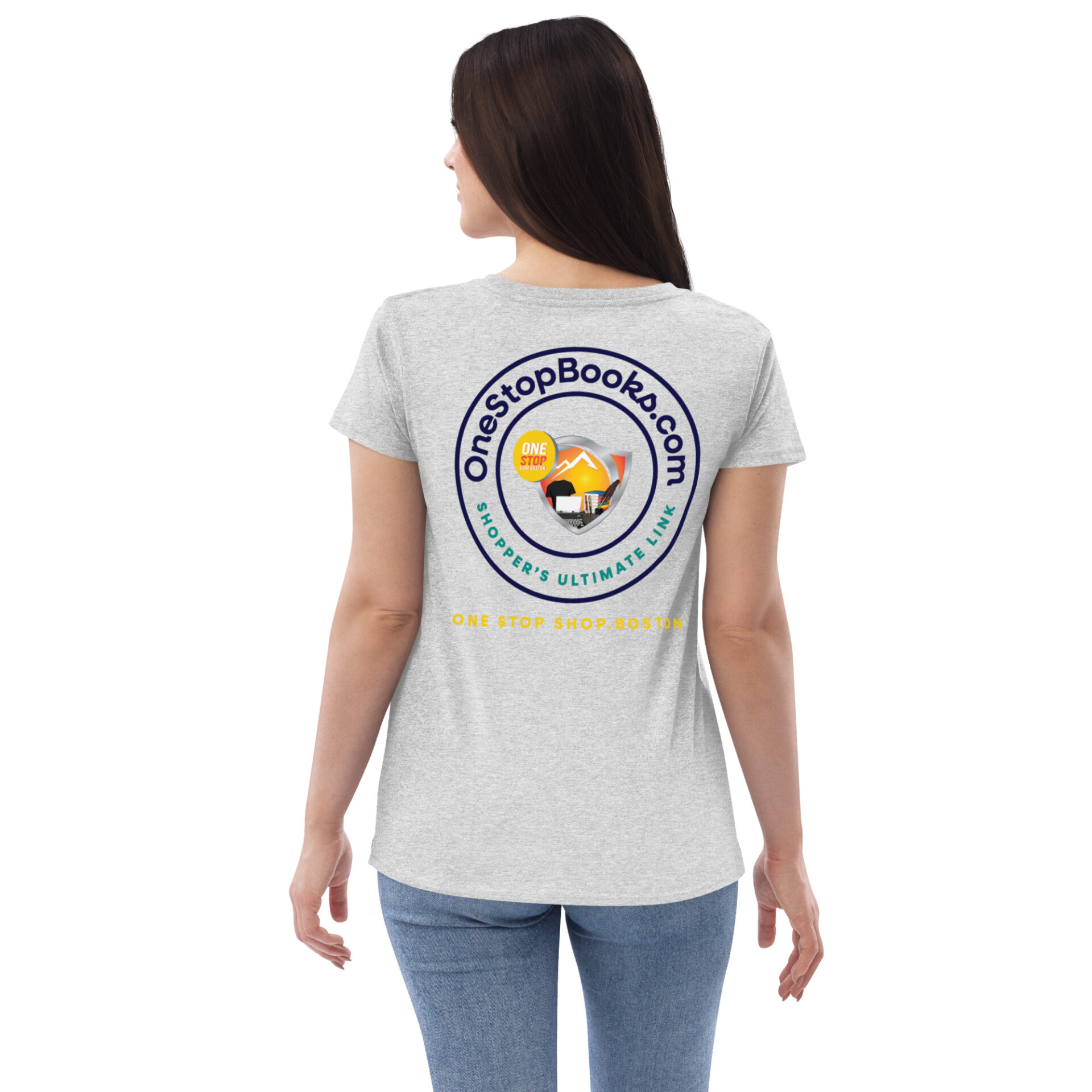 Woman wearing a grey shirt with a OneStopBooks.com logo.