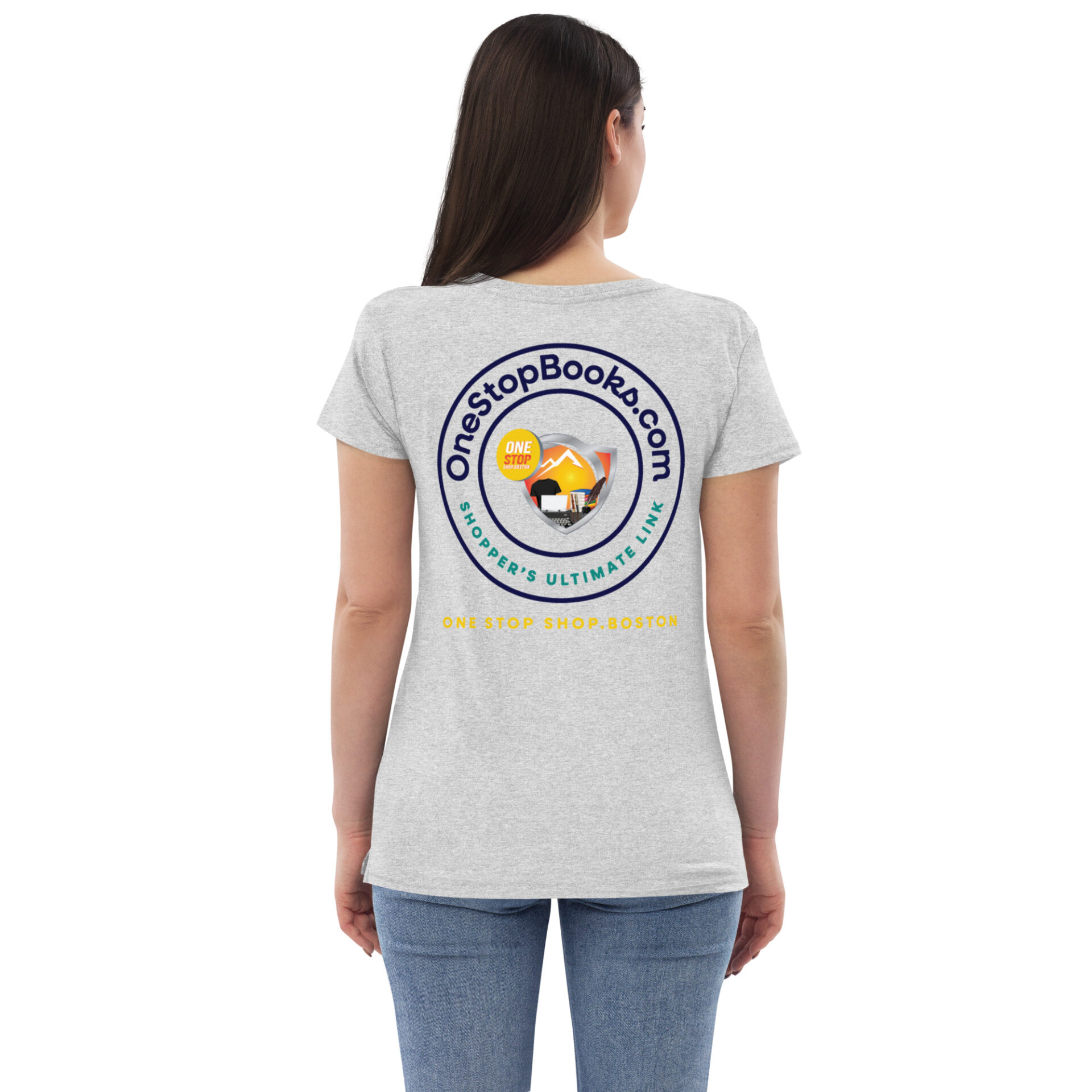 Woman wearing a grey t-shirt with OneStopBooks.com logo.